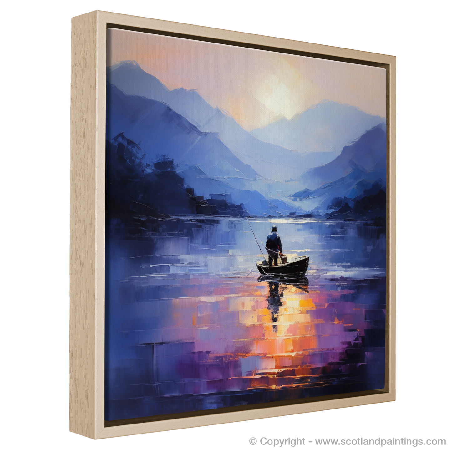 Painting and Art Print of Silhouetted fisherman on Loch Lomond entitled "Silhouetted Fisherman at Dusk on Loch Lomond".