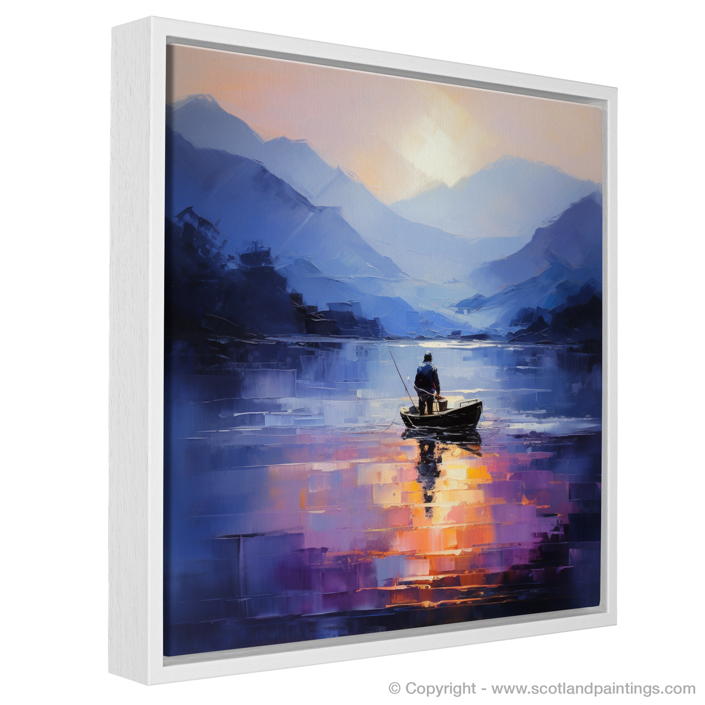 Painting and Art Print of Silhouetted fisherman on Loch Lomond entitled "Silhouetted Fisherman at Dusk on Loch Lomond".