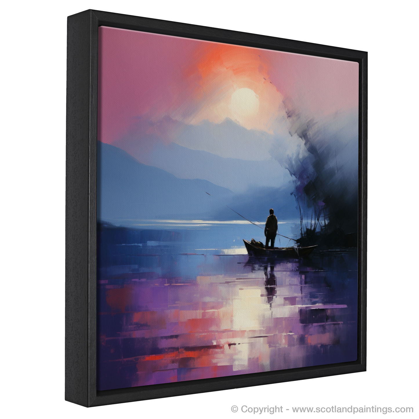 Painting and Art Print of Silhouetted fisherman on Loch Lomond entitled "Dusk Reflections on Loch Lomond".