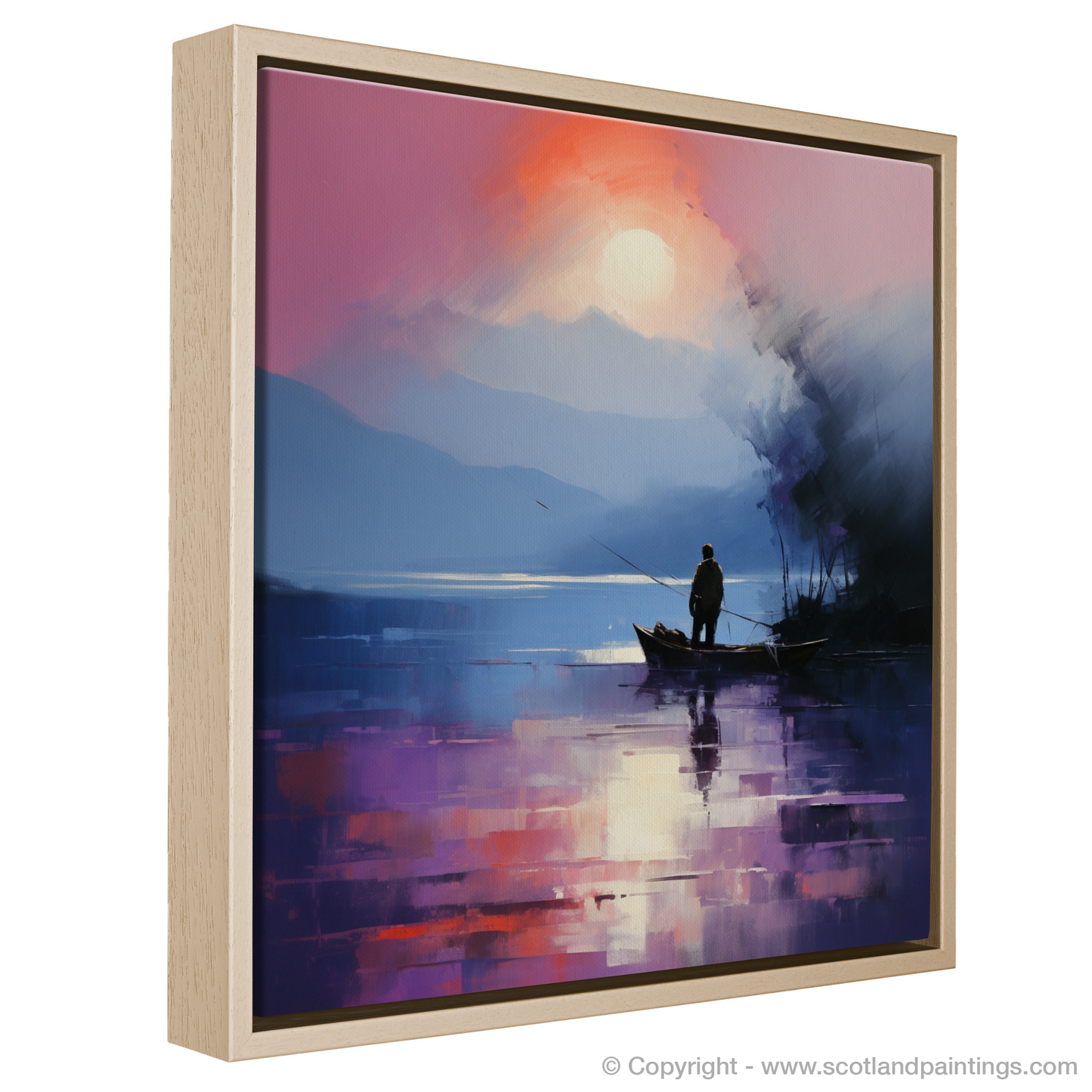 Painting and Art Print of Silhouetted fisherman on Loch Lomond entitled "Dusk Reflections on Loch Lomond".