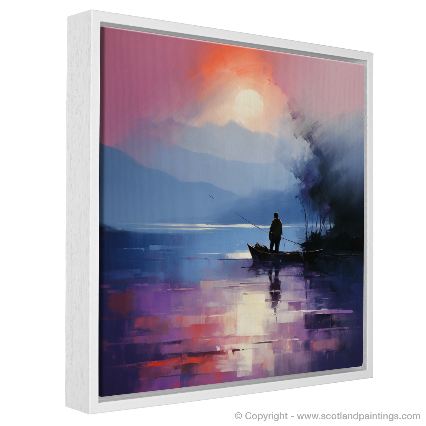 Painting and Art Print of Silhouetted fisherman on Loch Lomond entitled "Dusk Reflections on Loch Lomond".