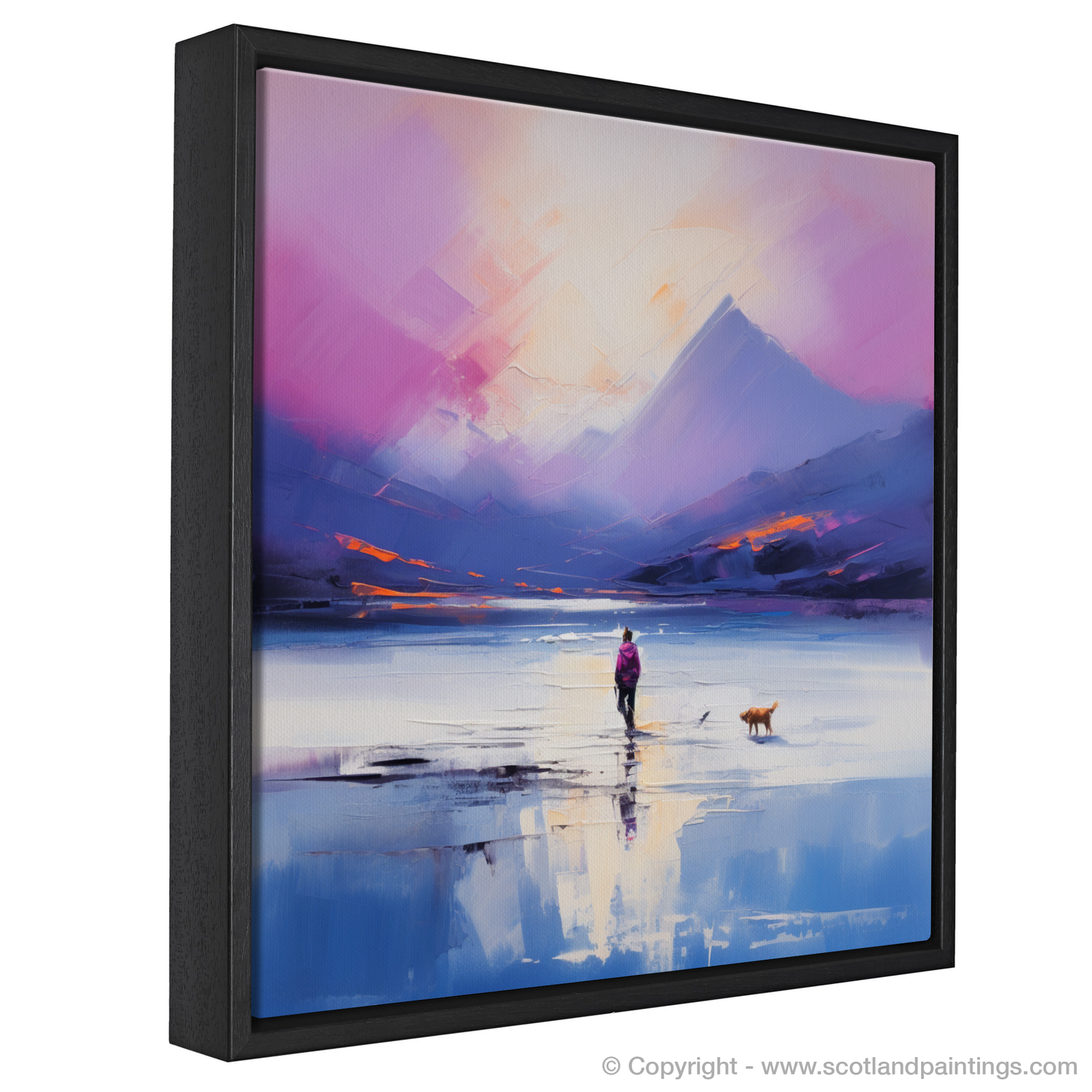 Painting and Art Print of A man walking dog at the side of Loch Lomond entitled "Twilight Stroll by Loch Lomond".