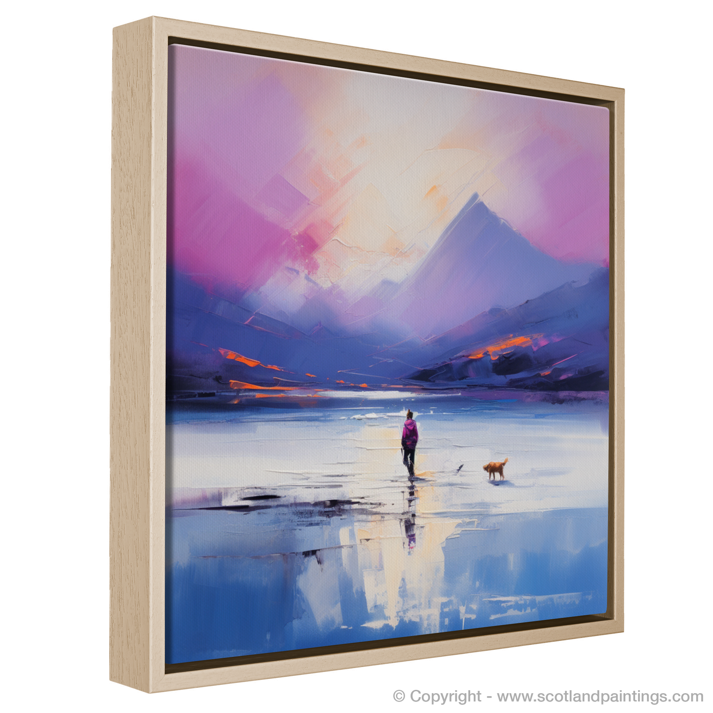 Painting and Art Print of A man walking dog at the side of Loch Lomond entitled "Twilight Stroll by Loch Lomond".