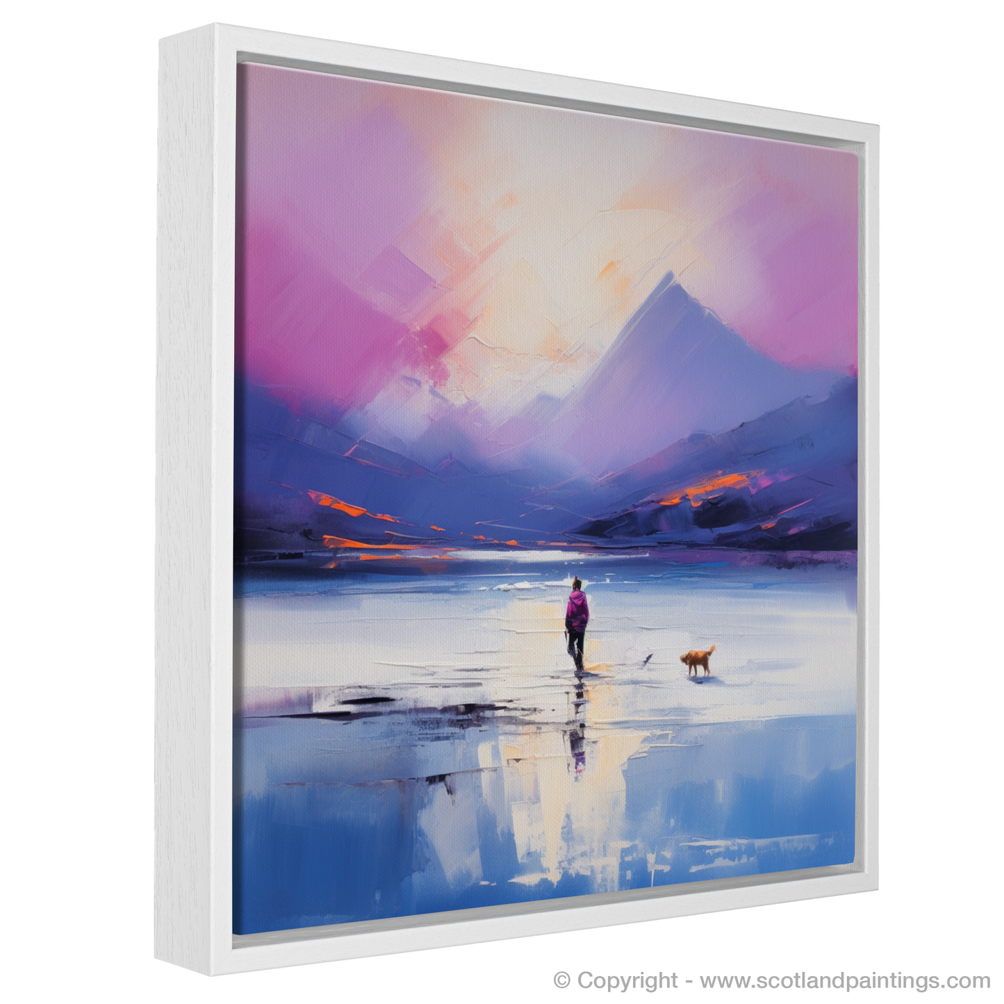 Painting and Art Print of A man walking dog at the side of Loch Lomond entitled "Twilight Stroll by Loch Lomond".