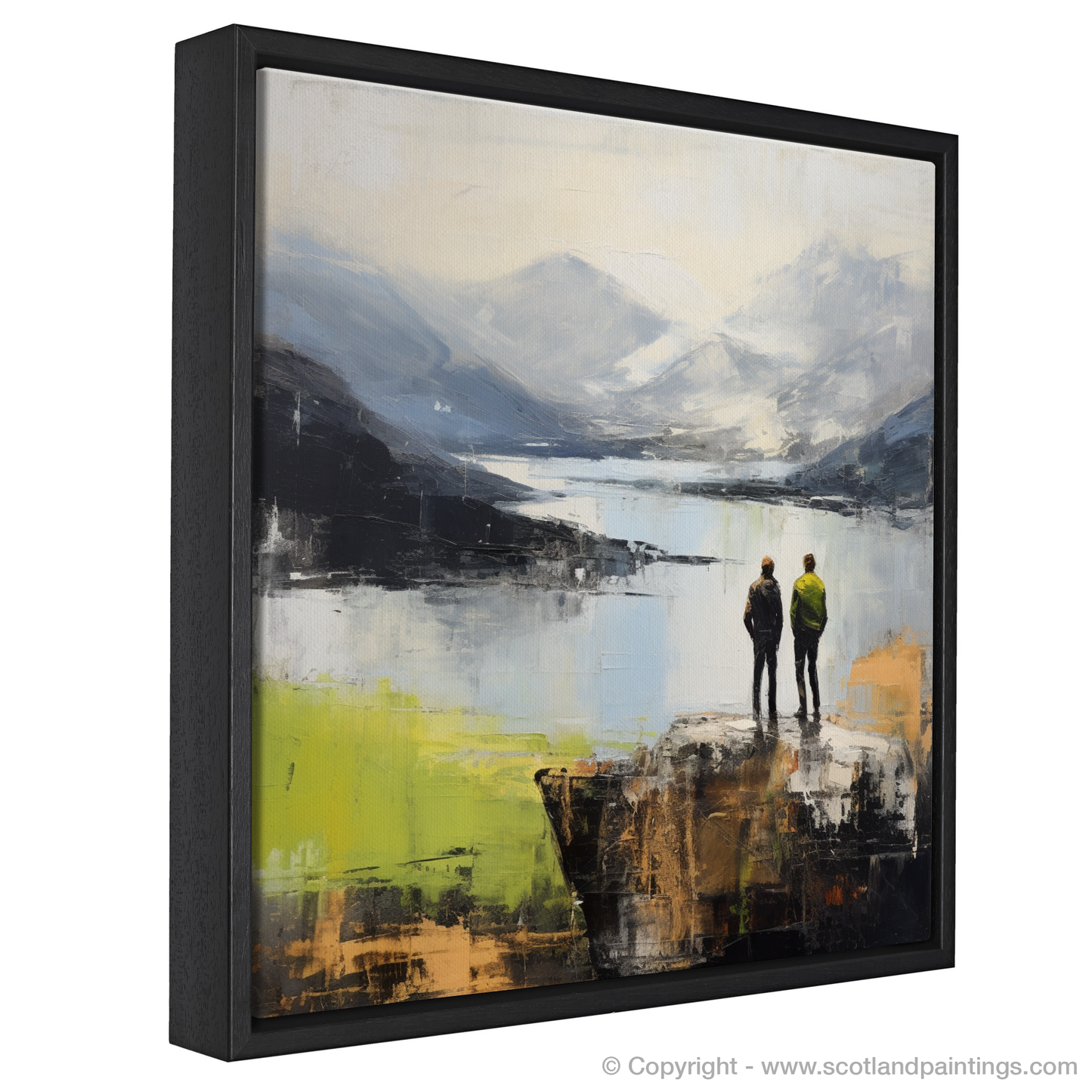 Painting and Art Print of Two hikers looking out on Loch Lomond entitled "Misty Horizons: An Abstract View of Loch Lomond".