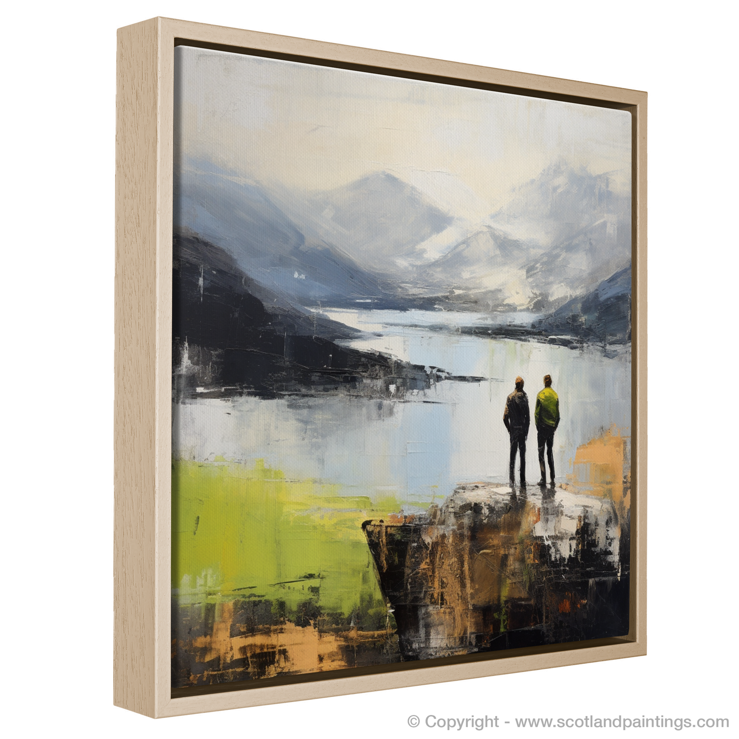 Painting and Art Print of Two hikers looking out on Loch Lomond entitled "Misty Horizons: An Abstract View of Loch Lomond".