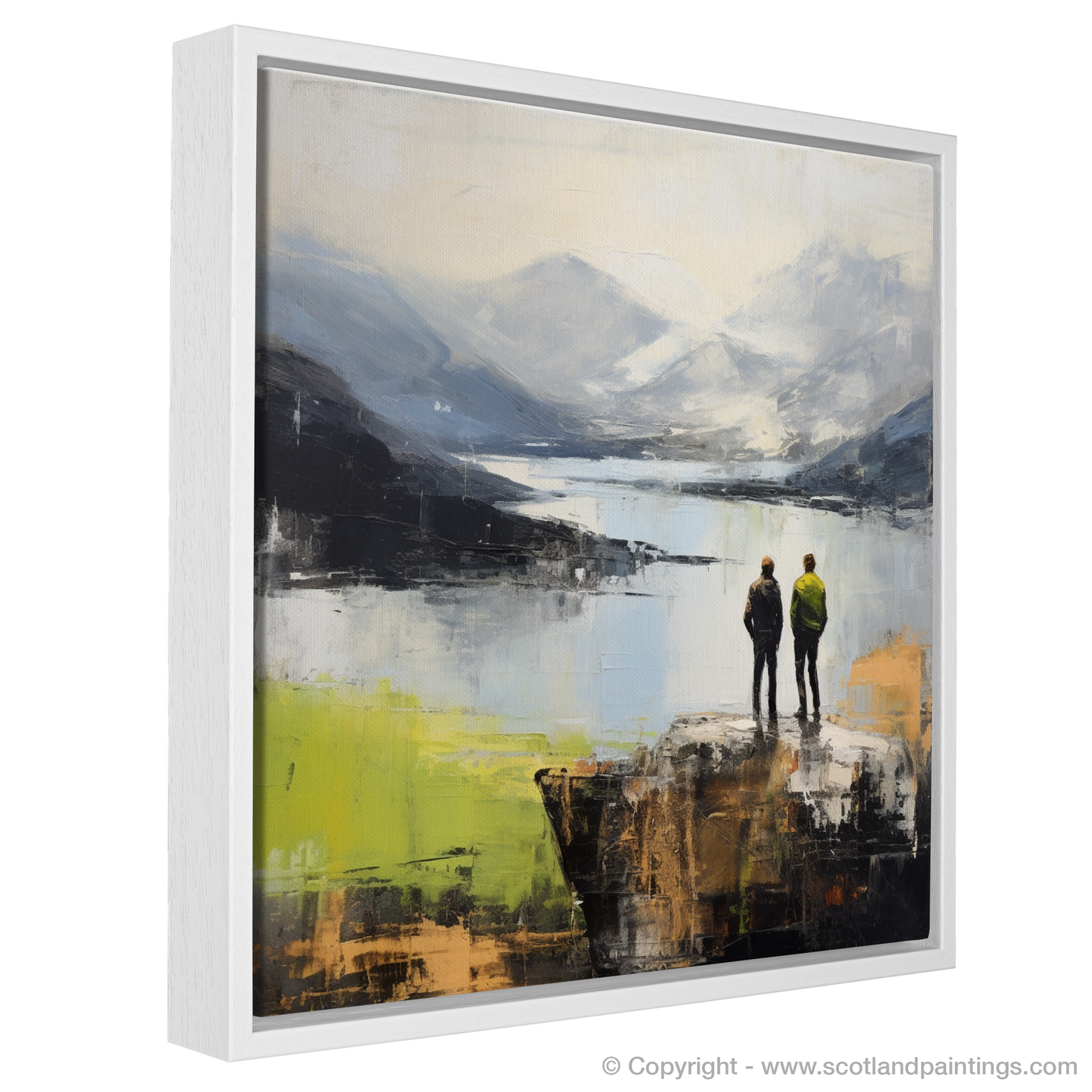 Painting and Art Print of Two hikers looking out on Loch Lomond entitled "Misty Horizons: An Abstract View of Loch Lomond".