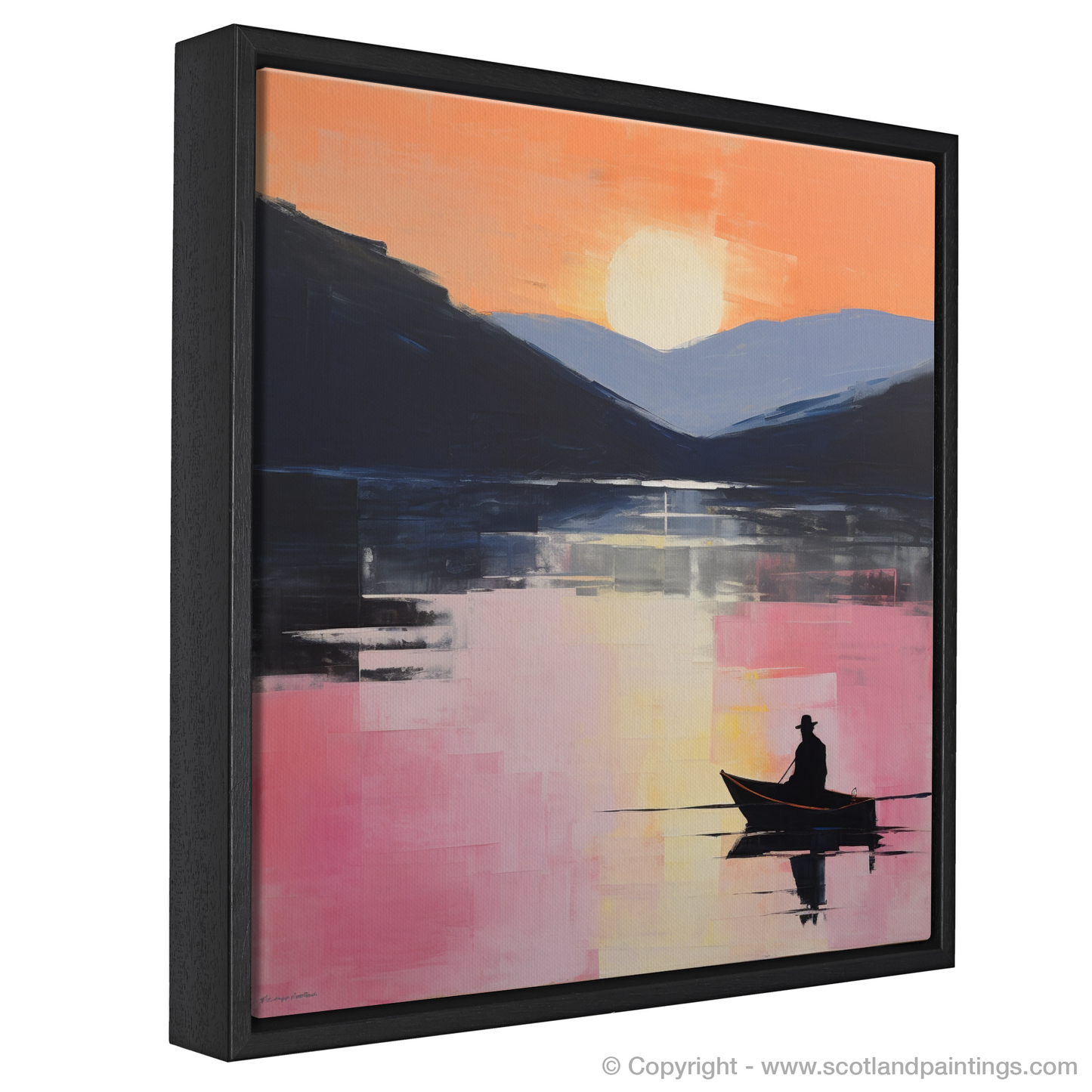 Painting and Art Print of Silhouetted fisherman on Loch Lomond entitled "Silhouetted Fisherman at Dusk: An Abstract Impression of Loch Lomond".