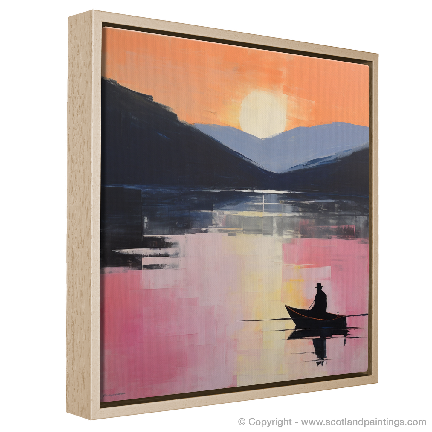 Painting and Art Print of Silhouetted fisherman on Loch Lomond entitled "Silhouetted Fisherman at Dusk: An Abstract Impression of Loch Lomond".