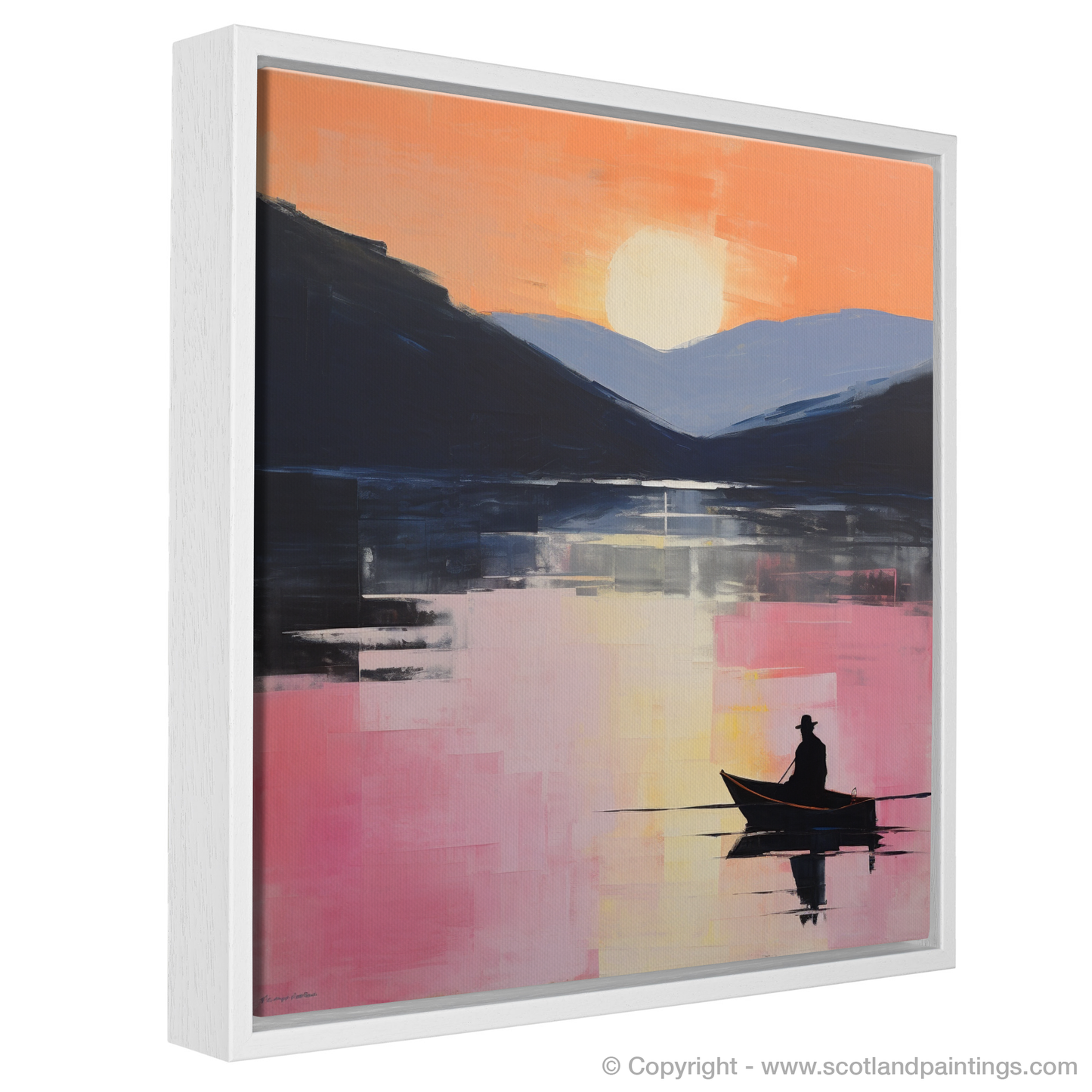 Painting and Art Print of Silhouetted fisherman on Loch Lomond entitled "Silhouetted Fisherman at Dusk: An Abstract Impression of Loch Lomond".