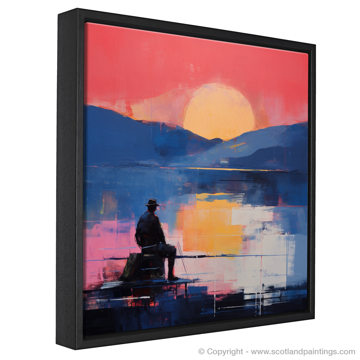 Painting and Art Print of Silhouetted fisherman on Loch Lomond entitled "Sunset Silhouette on Loch Lomond".