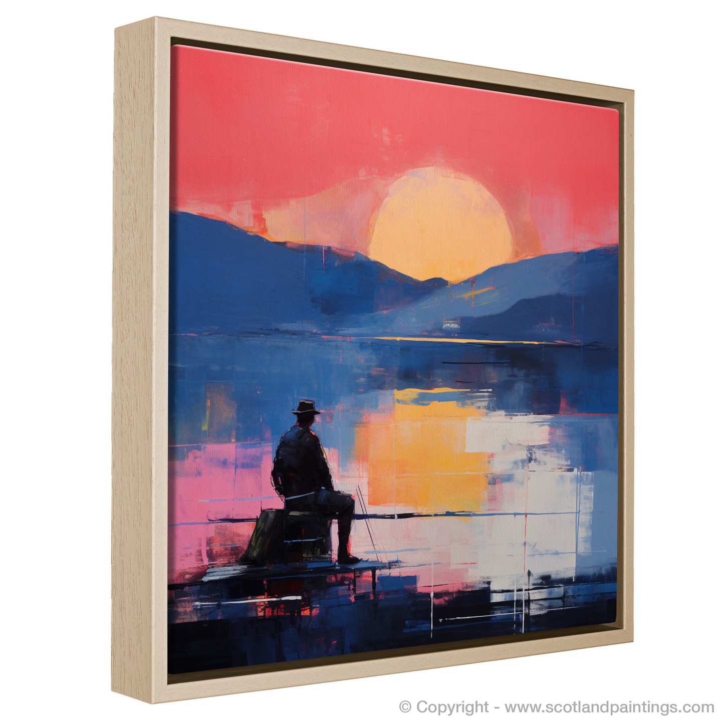 Painting and Art Print of Silhouetted fisherman on Loch Lomond entitled "Sunset Silhouette on Loch Lomond".