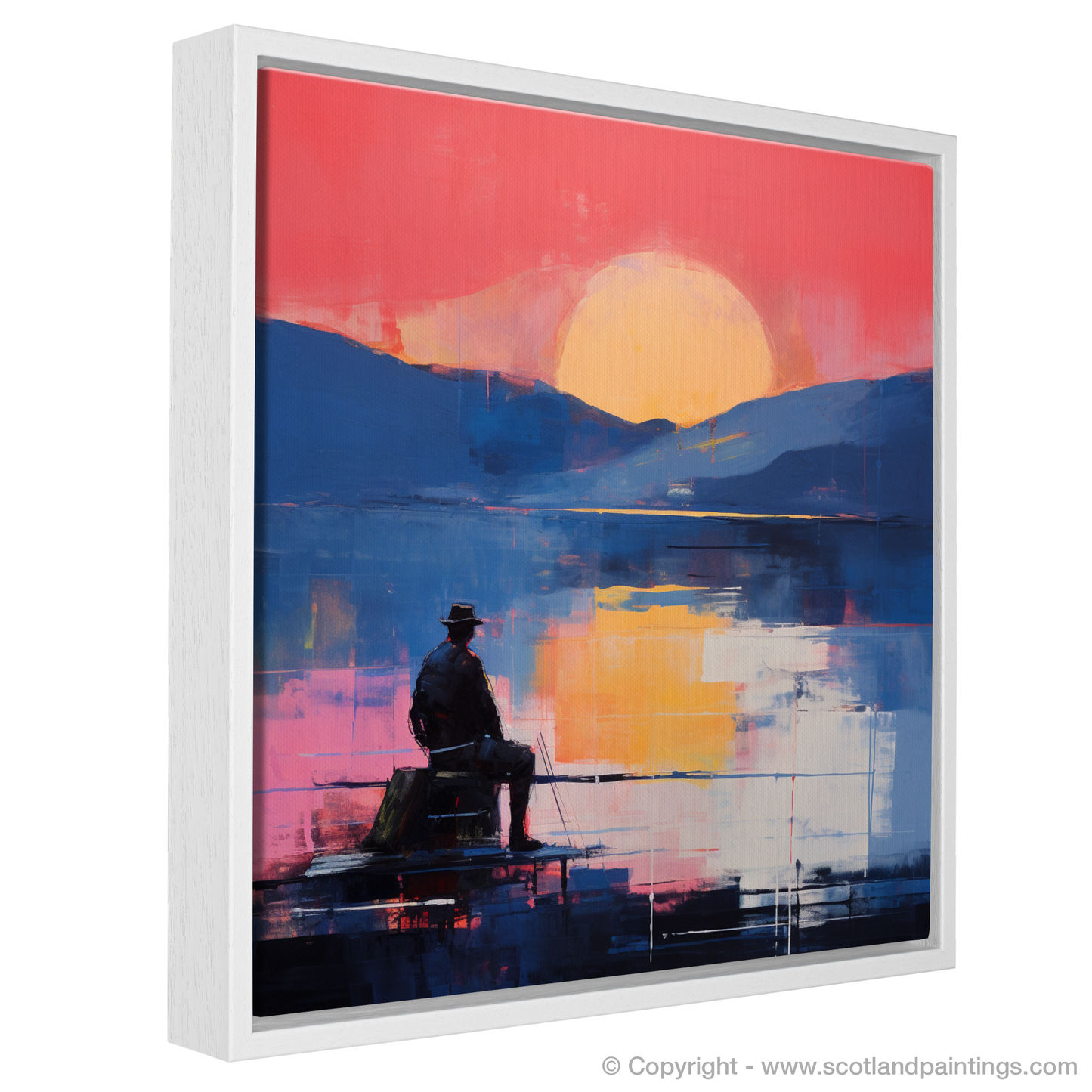 Painting and Art Print of Silhouetted fisherman on Loch Lomond entitled "Sunset Silhouette on Loch Lomond".