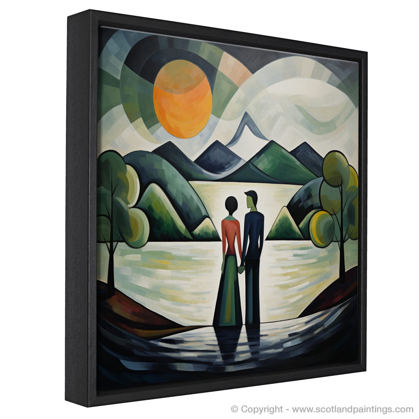 Painting and Art Print of A couple holding hands looking out on Loch Lomond entitled "Embracing Serenity: A Loch Lomond Rhapsody".