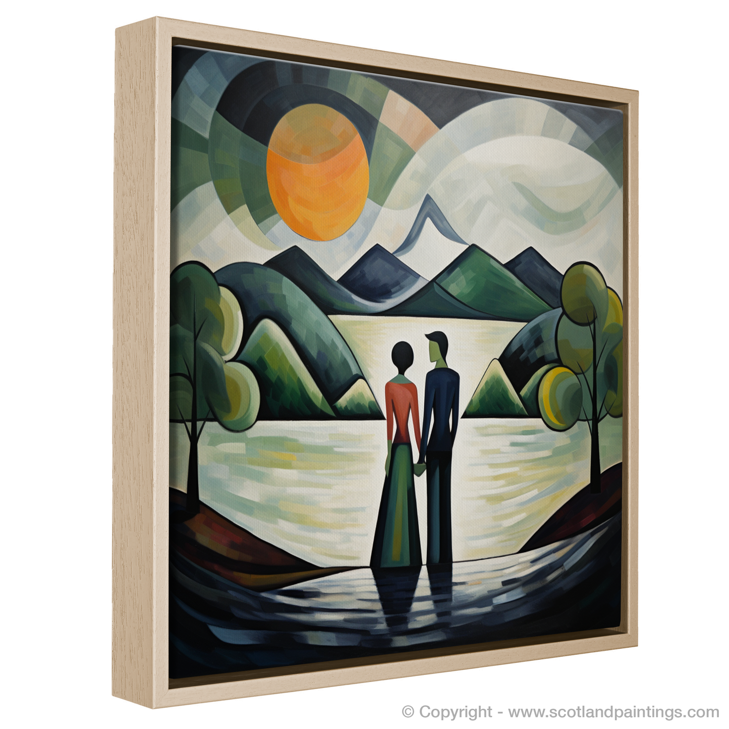 Painting and Art Print of A couple holding hands looking out on Loch Lomond entitled "Embracing Serenity: A Loch Lomond Rhapsody".