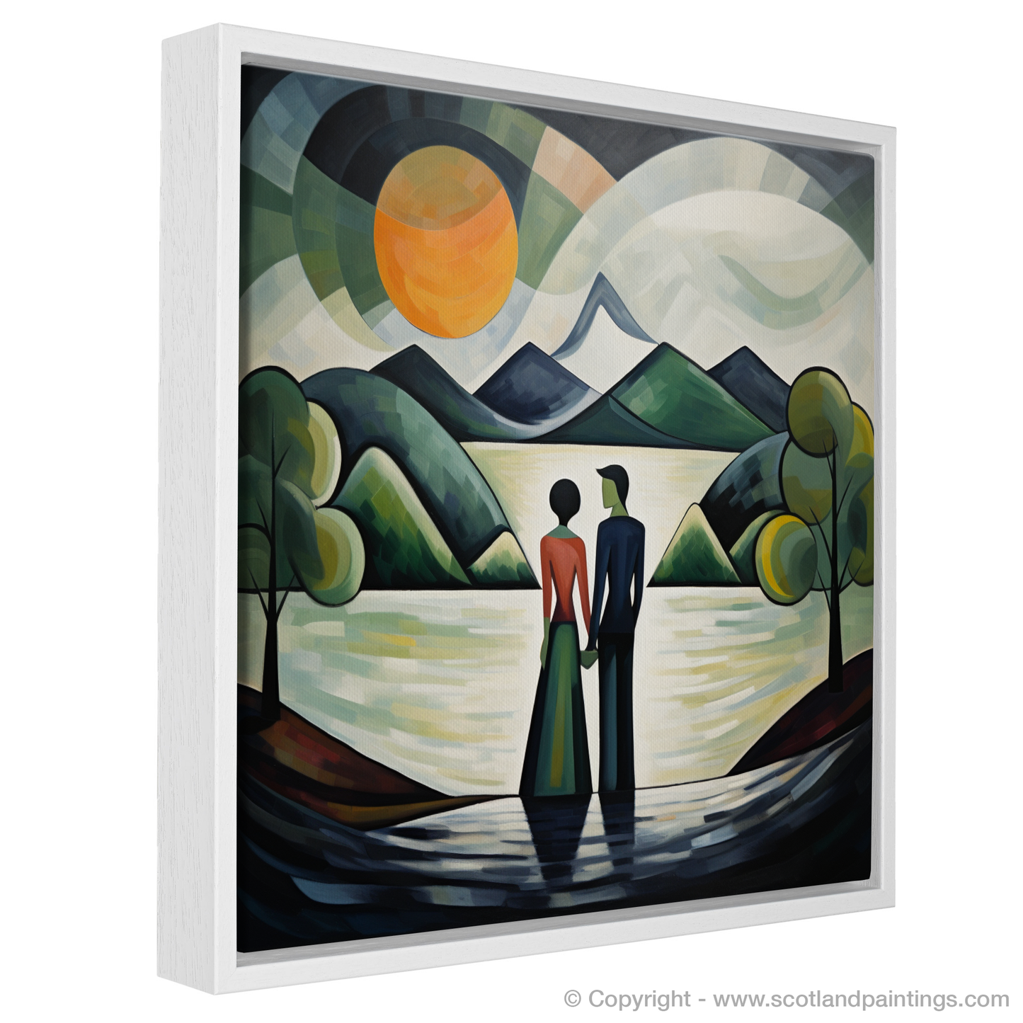 Painting and Art Print of A couple holding hands looking out on Loch Lomond entitled "Embracing Serenity: A Loch Lomond Rhapsody".