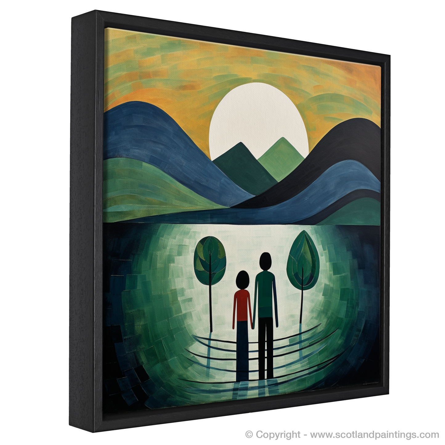 Painting and Art Print of A couple holding hands looking out on Loch Lomond entitled "Embrace of Serenity: An Abstract Ode to Loch Lomond Companionship".