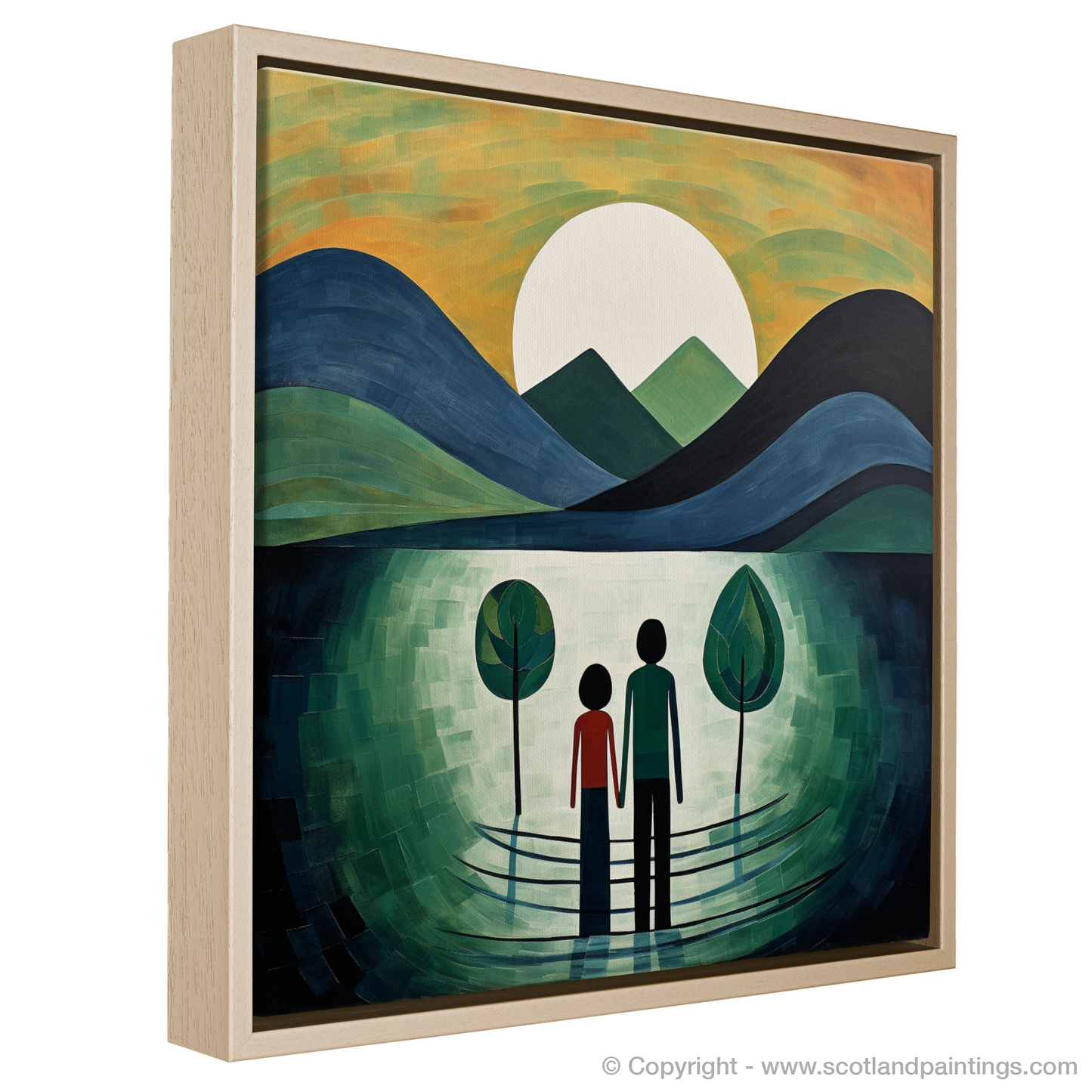 Painting and Art Print of A couple holding hands looking out on Loch Lomond entitled "Embrace of Serenity: An Abstract Ode to Loch Lomond Companionship".