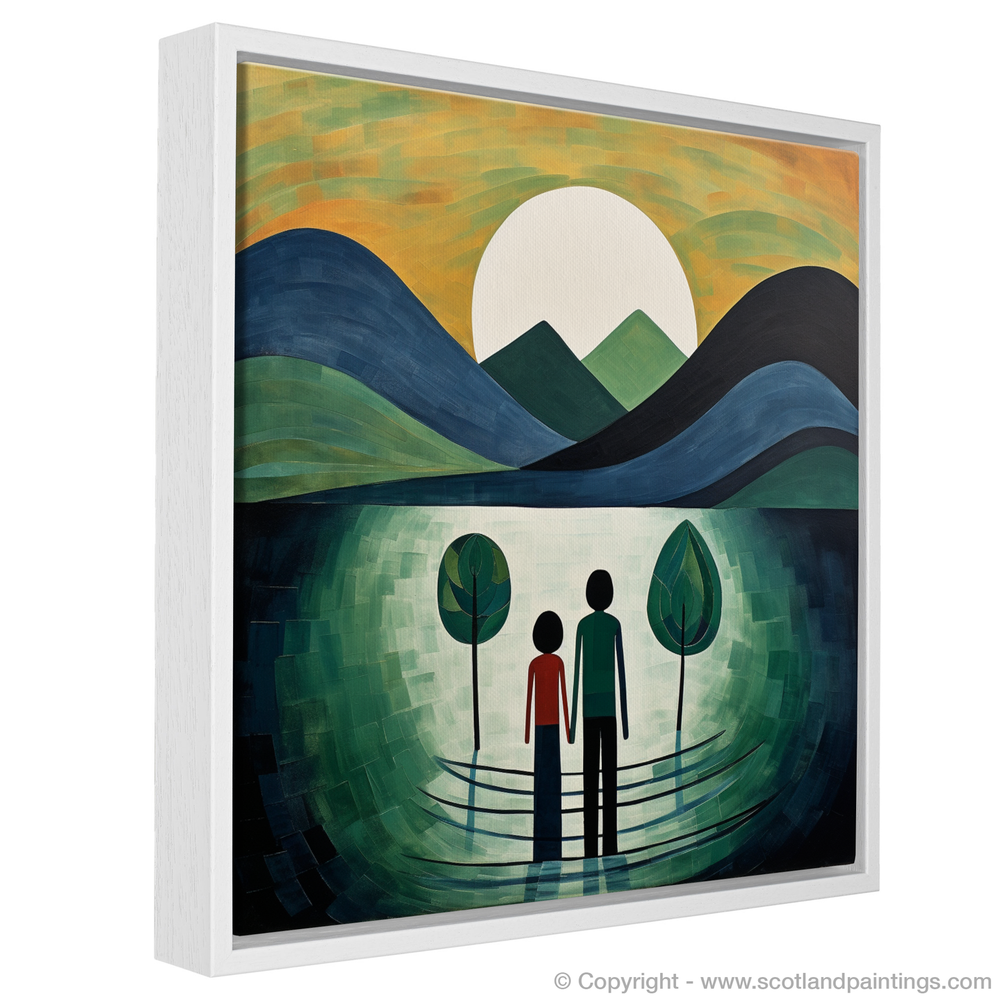 Painting and Art Print of A couple holding hands looking out on Loch Lomond entitled "Embrace of Serenity: An Abstract Ode to Loch Lomond Companionship".