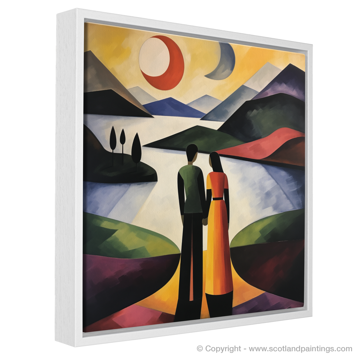Painting and Art Print of A couple holding hands looking out on Loch Lomond entitled "Embracing Nature's Romance: Loch Lomond at Dusk".