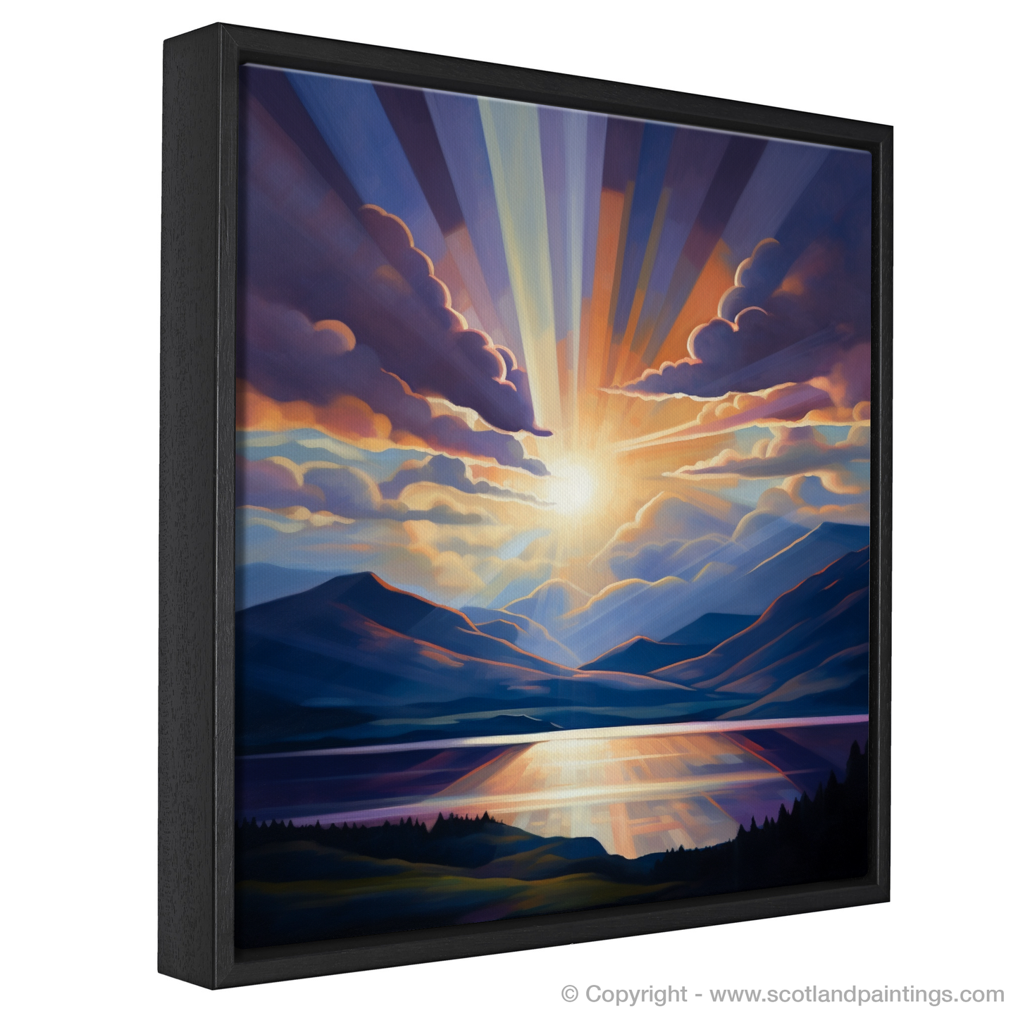 Painting and Art Print of Crepuscular rays above Loch Lomond entitled "Radiant Skies Over Loch Lomond".