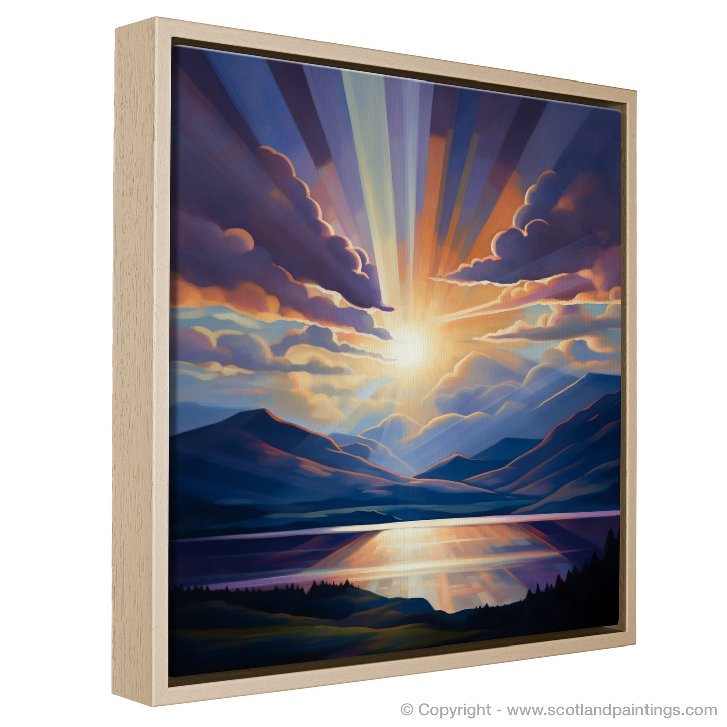 Painting and Art Print of Crepuscular rays above Loch Lomond entitled "Radiant Skies Over Loch Lomond".