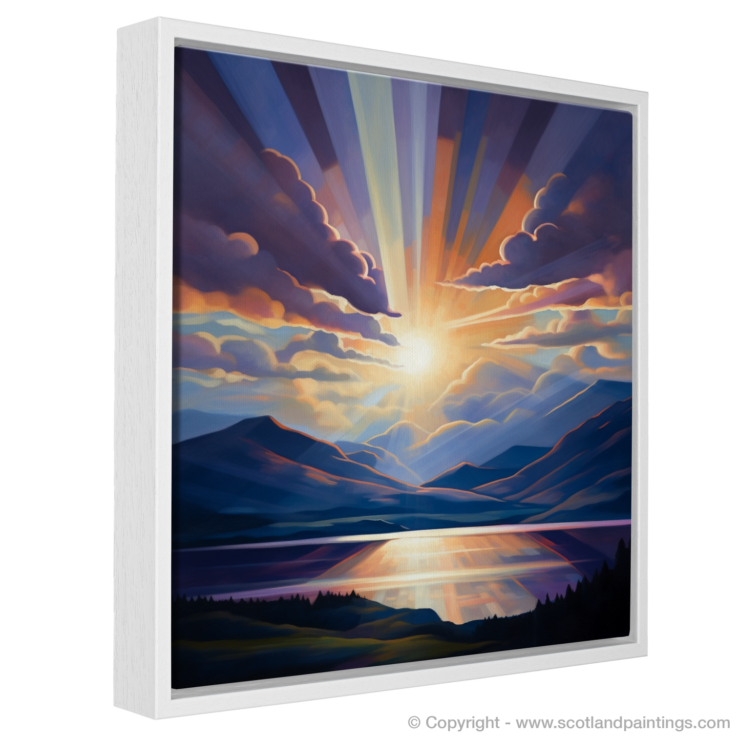 Painting and Art Print of Crepuscular rays above Loch Lomond entitled "Radiant Skies Over Loch Lomond".