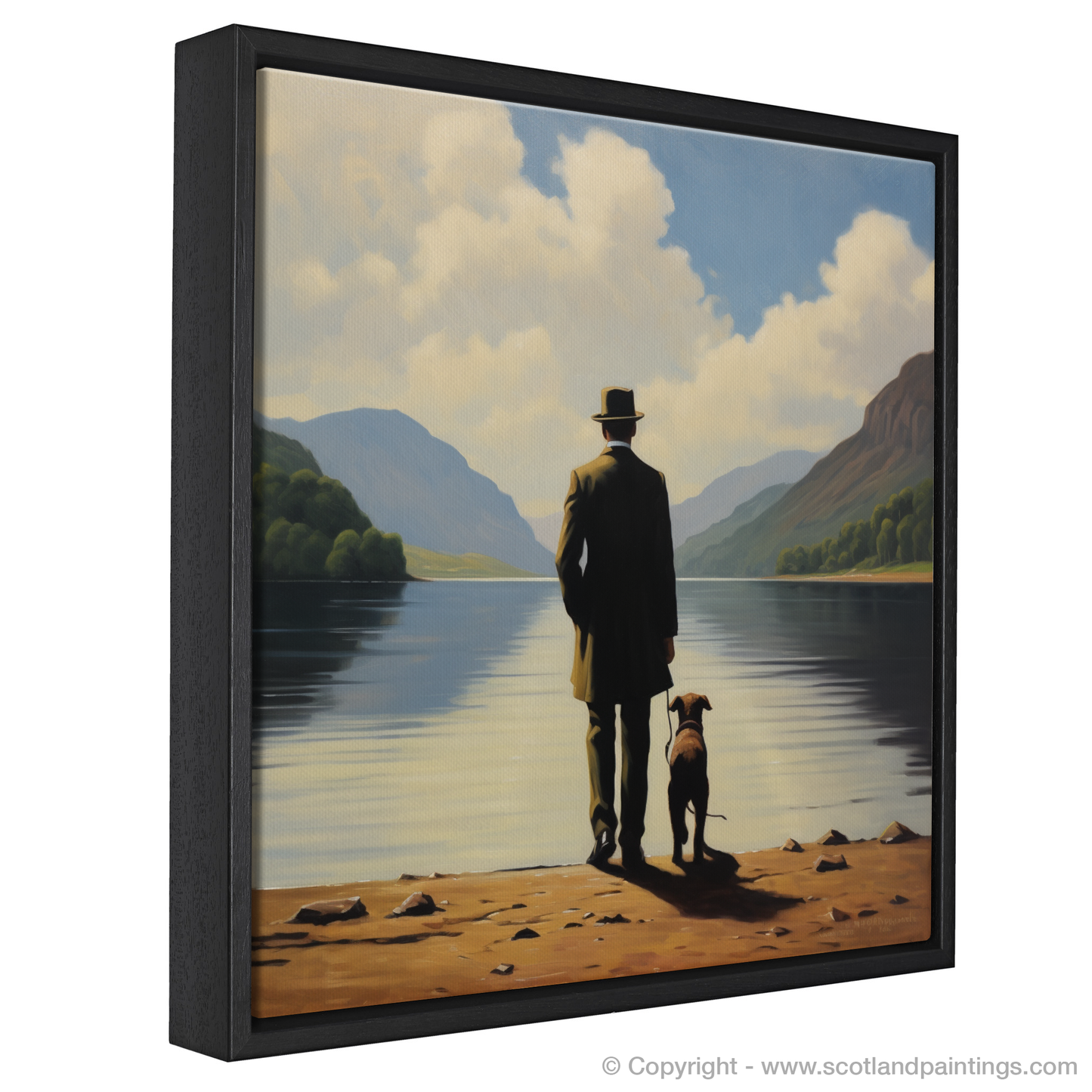 Painting and Art Print of A man walking dog at the side of Loch Lomond entitled "Man's Best Friend at Loch Lomond".