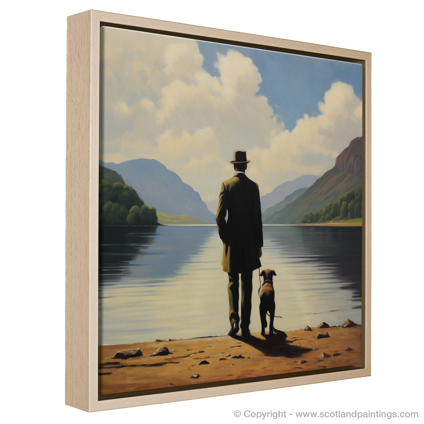 Painting and Art Print of A man walking dog at the side of Loch Lomond entitled "Man's Best Friend at Loch Lomond".