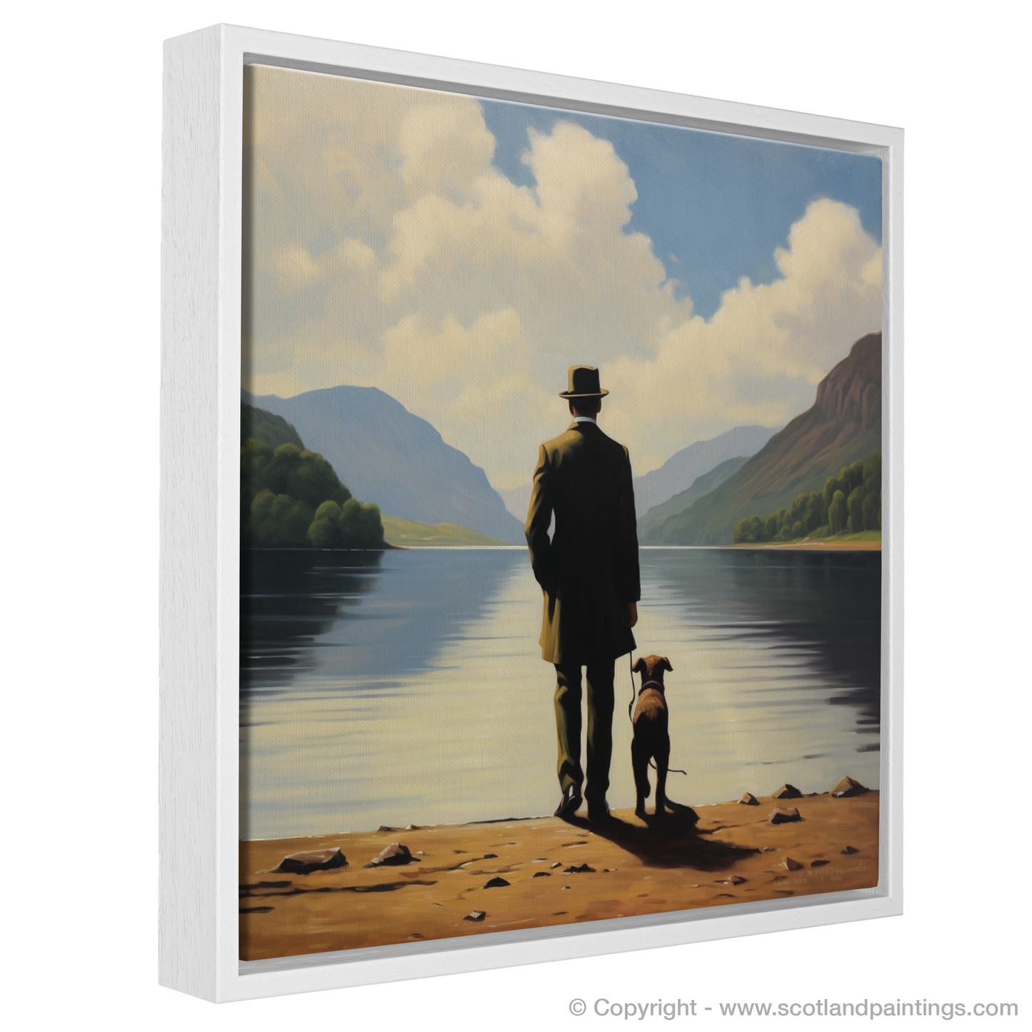 Painting and Art Print of A man walking dog at the side of Loch Lomond entitled "Man's Best Friend at Loch Lomond".