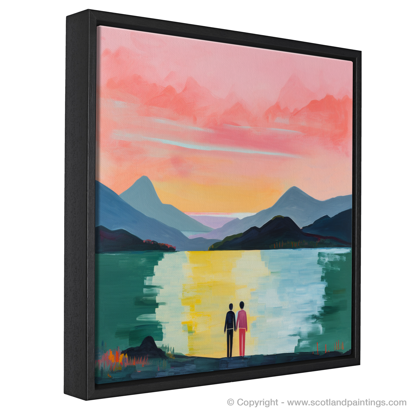 Painting and Art Print of A couple holding hands looking out on Loch Lomond entitled "Hand in Hand at Sunset Loch Lomond".