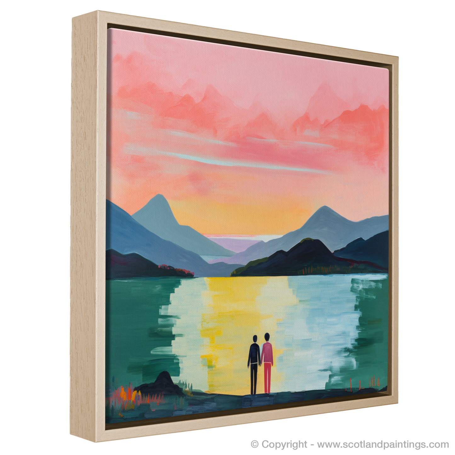 Painting and Art Print of A couple holding hands looking out on Loch Lomond entitled "Hand in Hand at Sunset Loch Lomond".