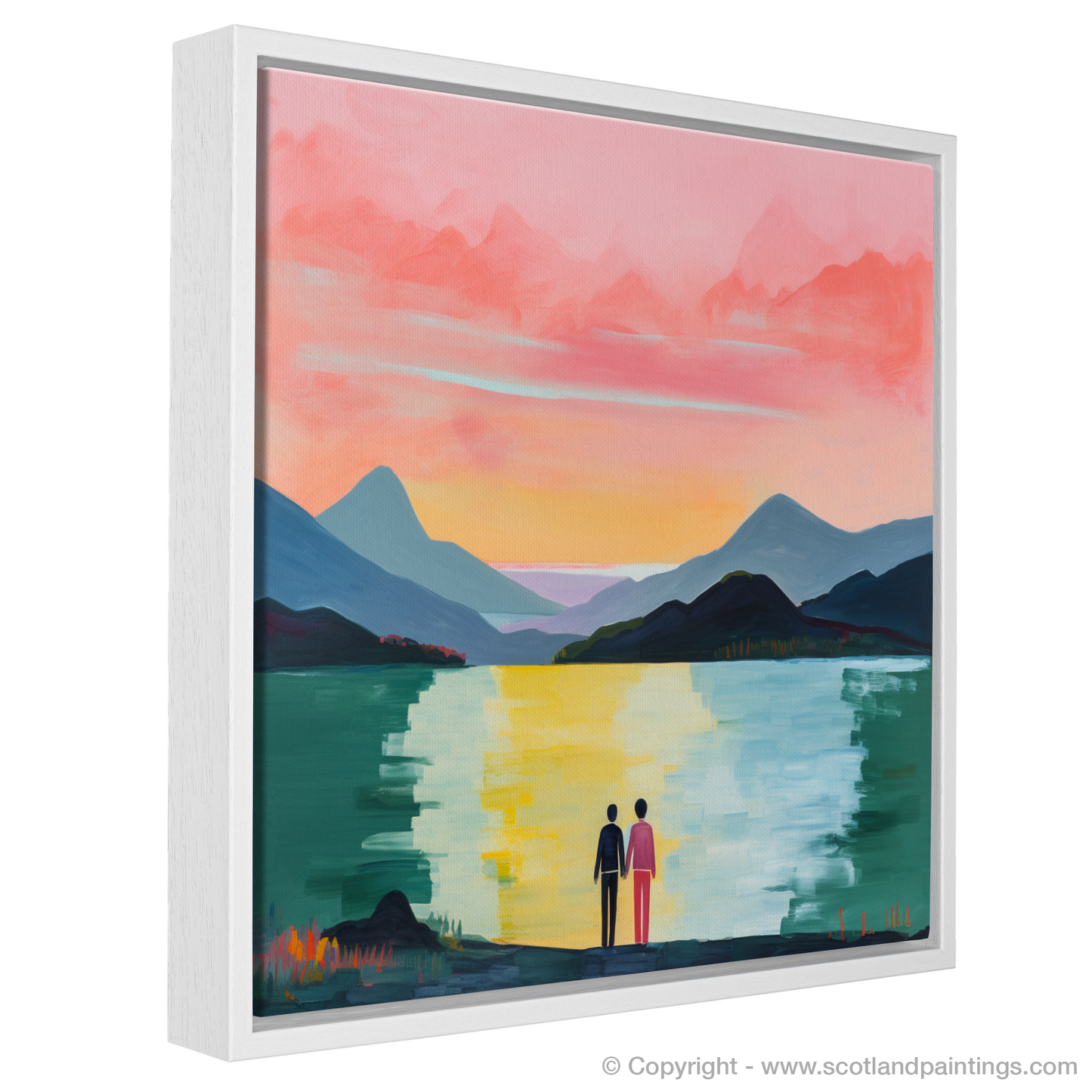 Painting and Art Print of A couple holding hands looking out on Loch Lomond entitled "Hand in Hand at Sunset Loch Lomond".