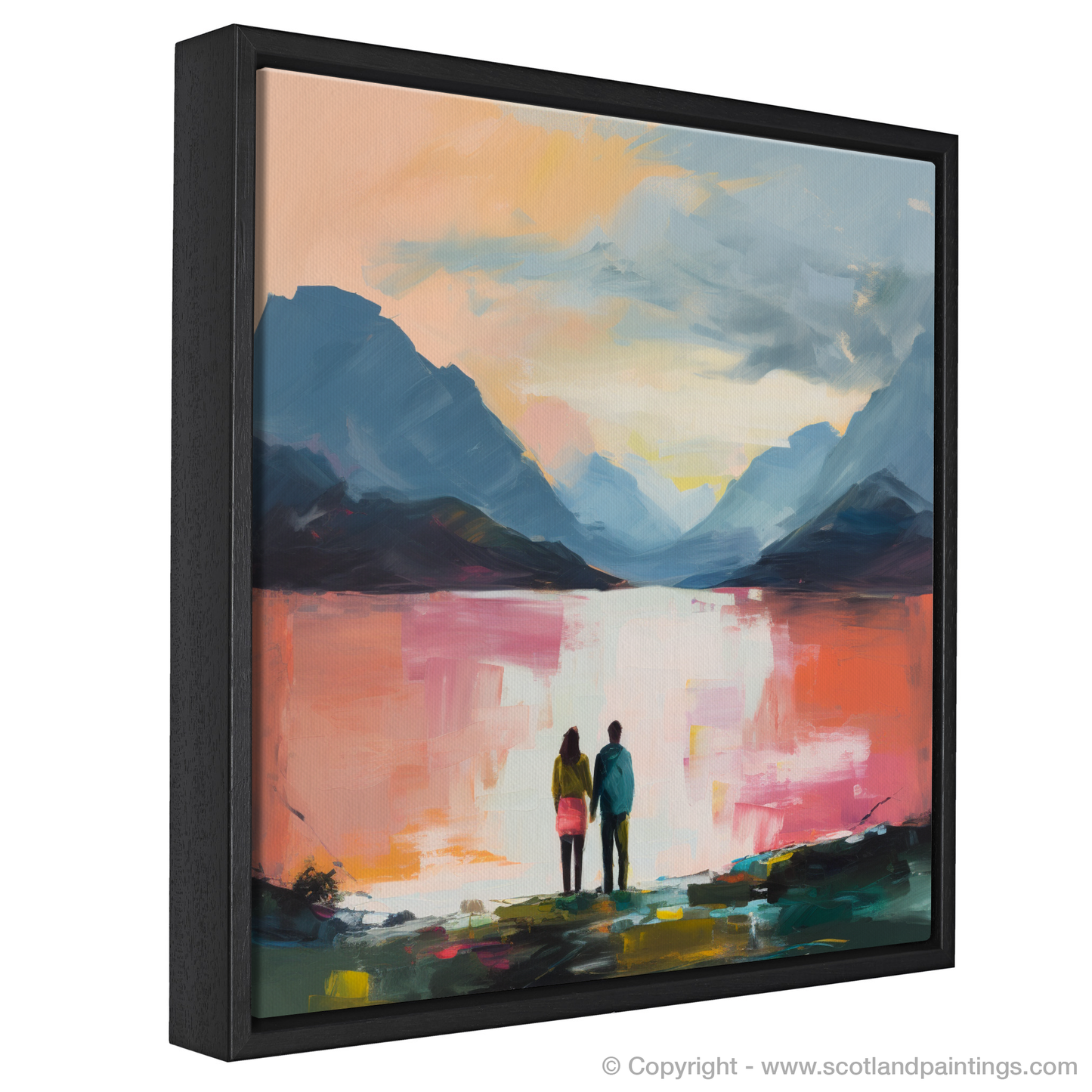 Painting and Art Print of A couple holding hands looking out on Loch Lomond entitled "Embracing Serenity: An Abstract Ode to Loch Lomond".