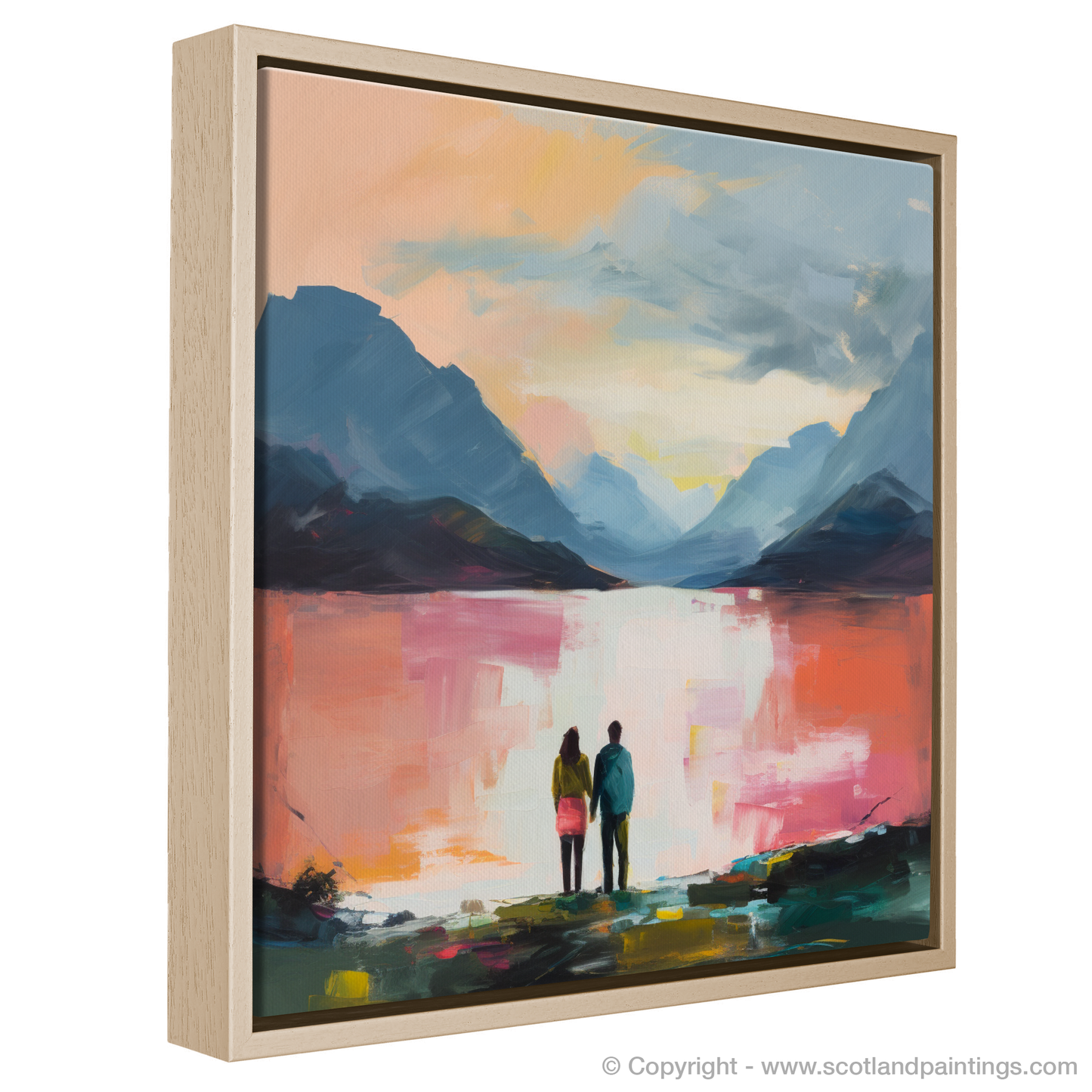 Painting and Art Print of A couple holding hands looking out on Loch Lomond entitled "Embracing Serenity: An Abstract Ode to Loch Lomond".