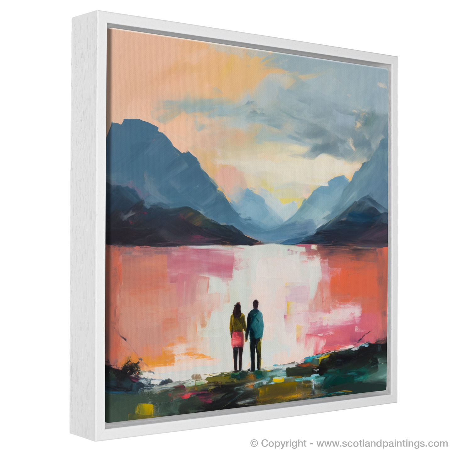 Painting and Art Print of A couple holding hands looking out on Loch Lomond entitled "Embracing Serenity: An Abstract Ode to Loch Lomond".