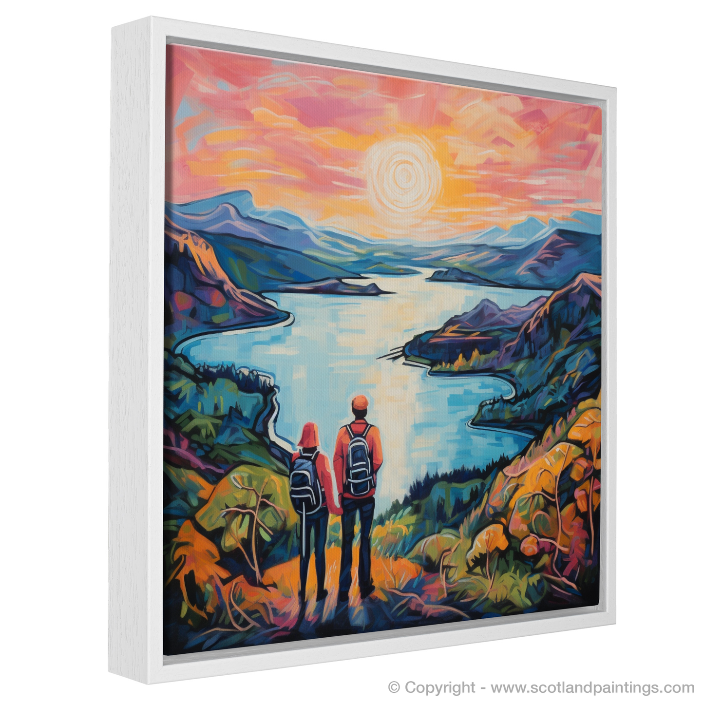 Painting and Art Print of Two hikers looking out on Loch Lomond entitled "Adventurers at the Edge of Wonder: A Fauvist Tribute to Loch Lomond".