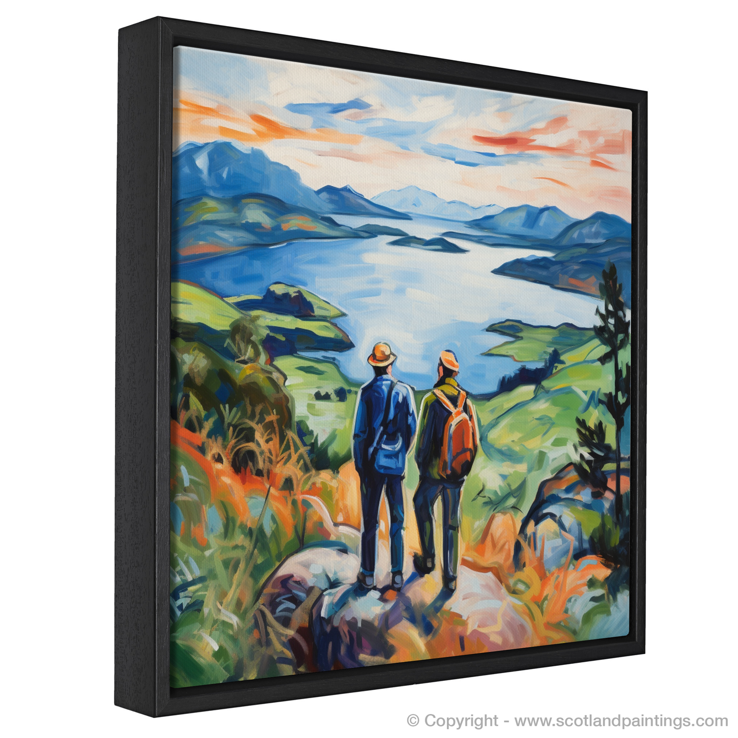 Painting and Art Print of Two hikers looking out on Loch Lomond entitled "Loch Lomond Reverie: A Fauvist Interpretation".