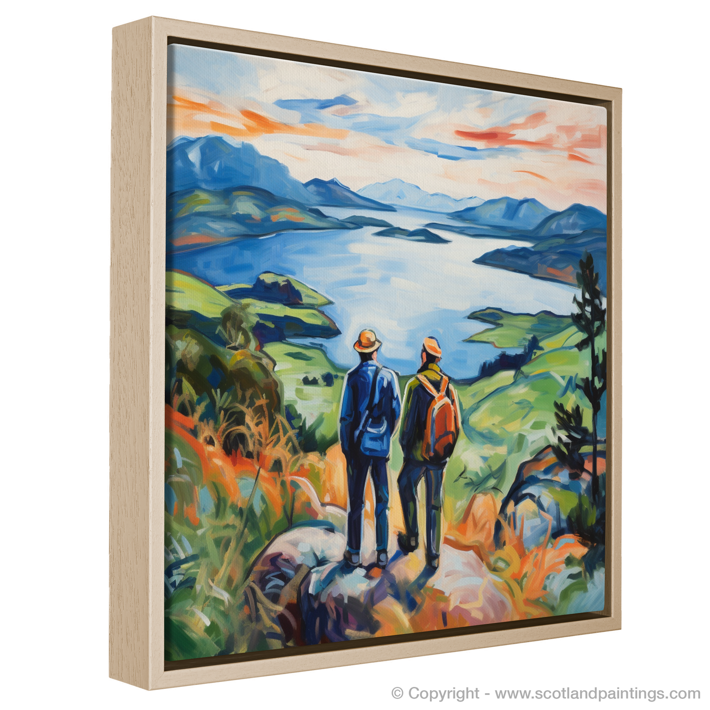 Painting and Art Print of Two hikers looking out on Loch Lomond entitled "Loch Lomond Reverie: A Fauvist Interpretation".