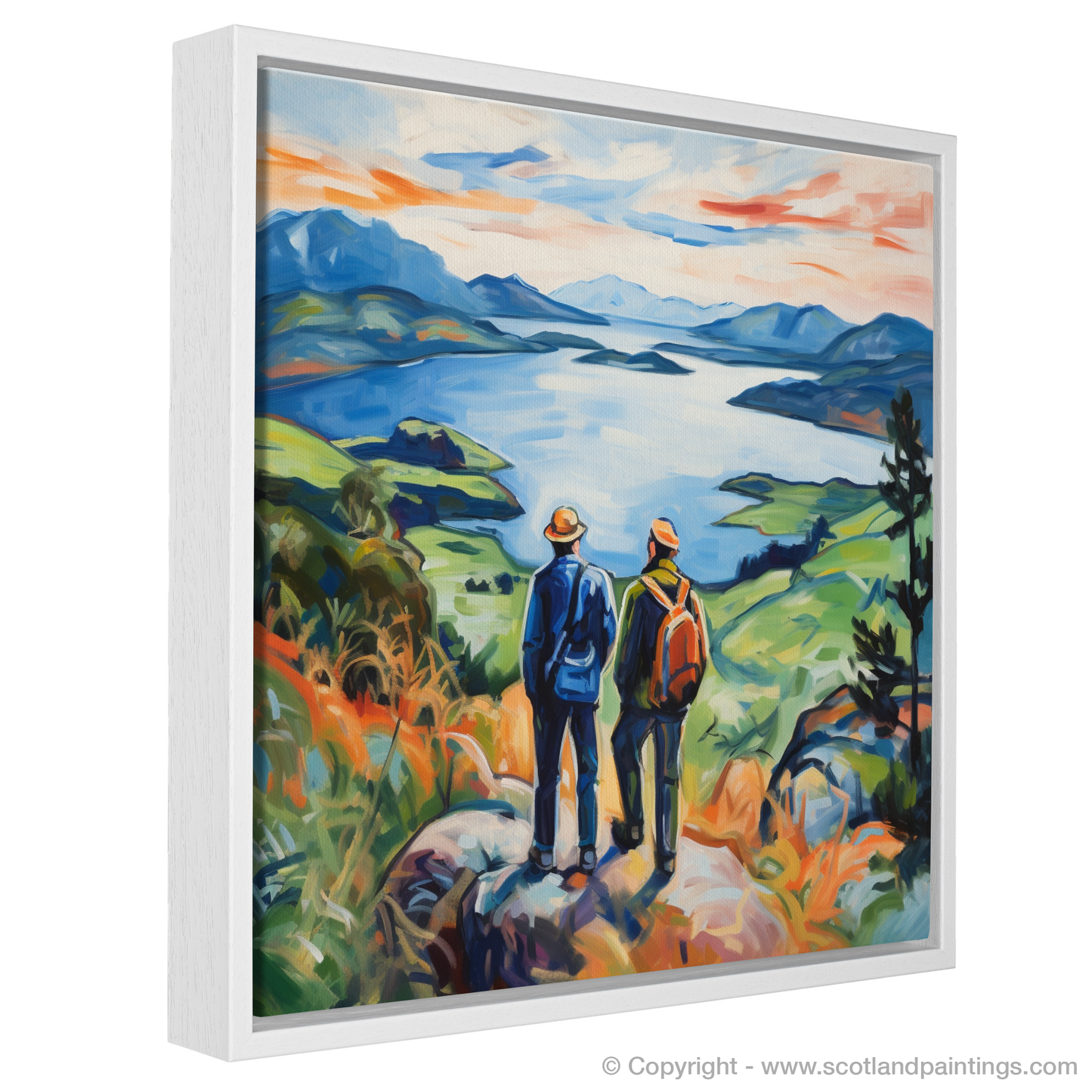 Painting and Art Print of Two hikers looking out on Loch Lomond entitled "Loch Lomond Reverie: A Fauvist Interpretation".