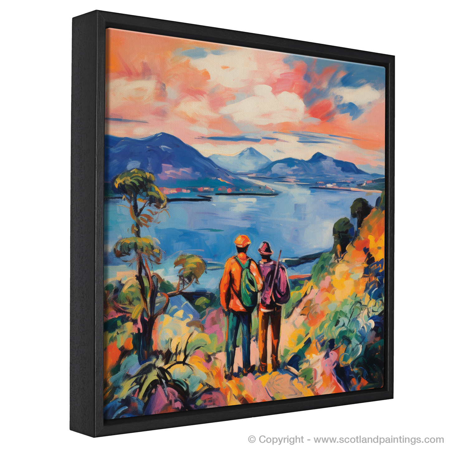 Painting and Art Print of Two hikers looking out on Loch Lomond entitled "Highland Haven: A Fauvist Rhapsody on Loch Lomond".