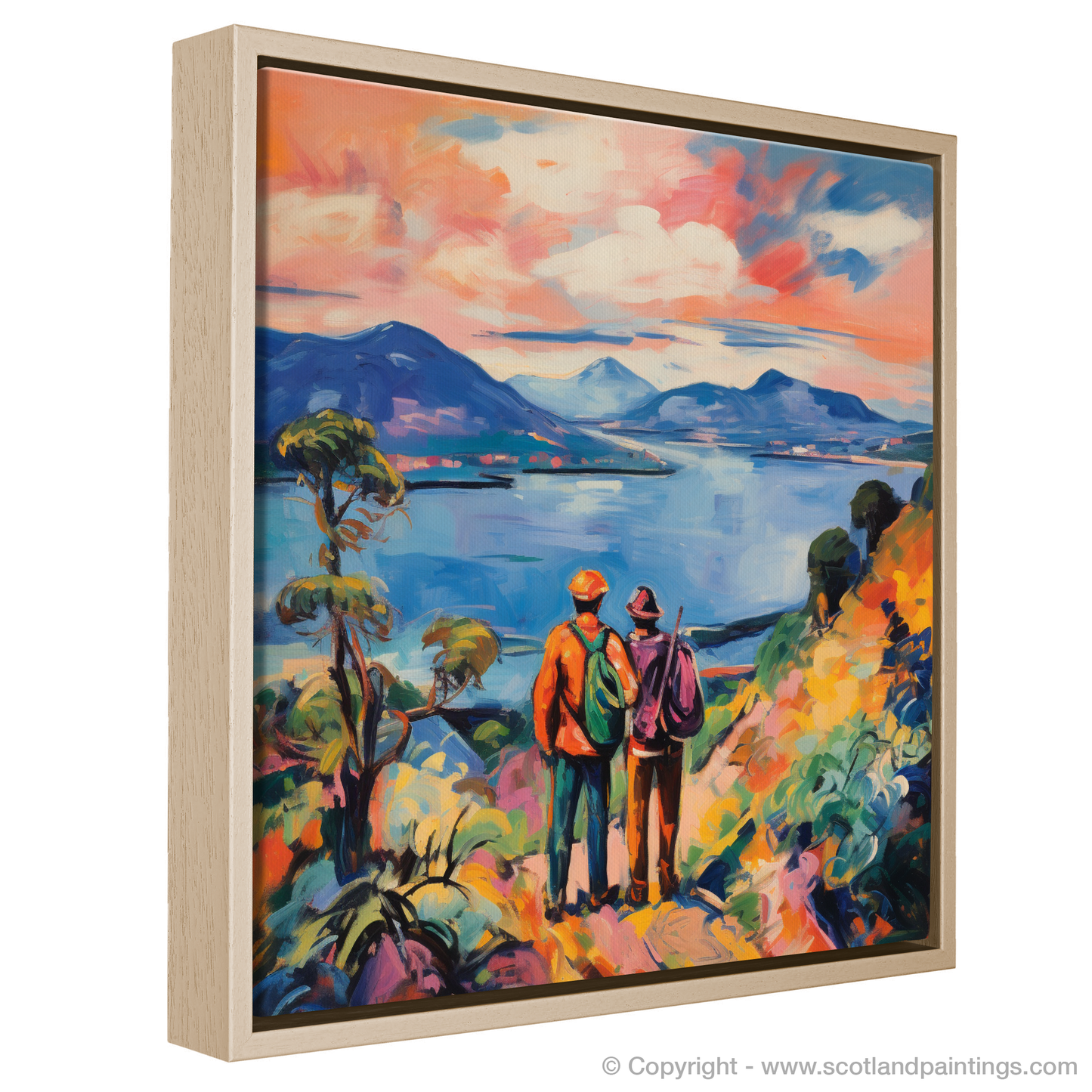 Painting and Art Print of Two hikers looking out on Loch Lomond entitled "Highland Haven: A Fauvist Rhapsody on Loch Lomond".