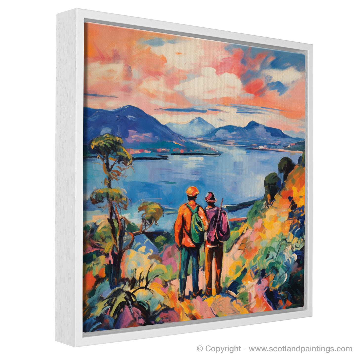 Painting and Art Print of Two hikers looking out on Loch Lomond entitled "Highland Haven: A Fauvist Rhapsody on Loch Lomond".