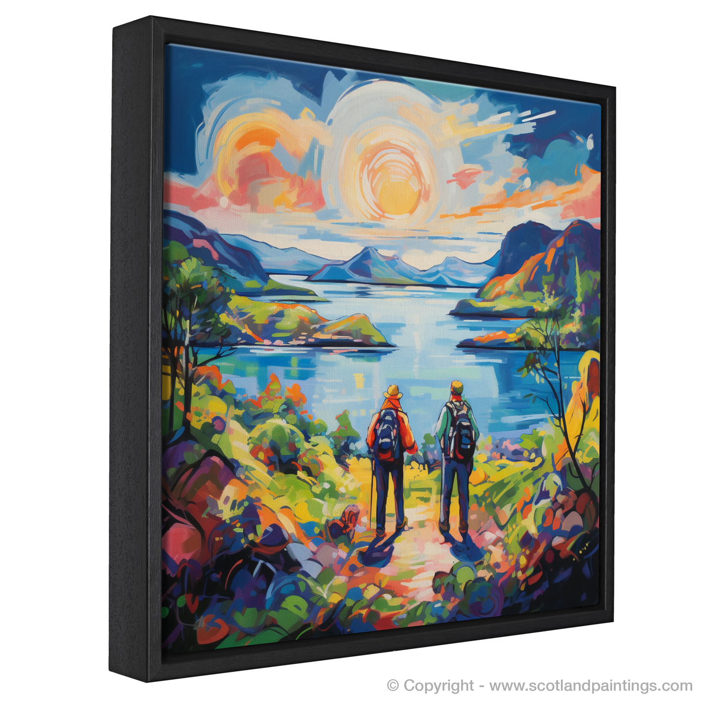 Painting and Art Print of Two hikers looking out on Loch Lomond entitled "Fauvist Hikers at Loch Lomond".