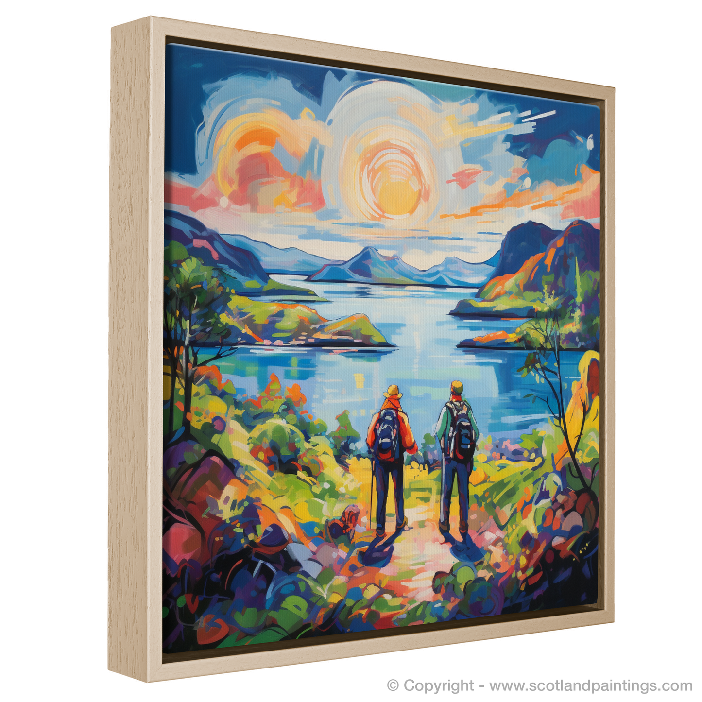 Painting and Art Print of Two hikers looking out on Loch Lomond entitled "Fauvist Hikers at Loch Lomond".