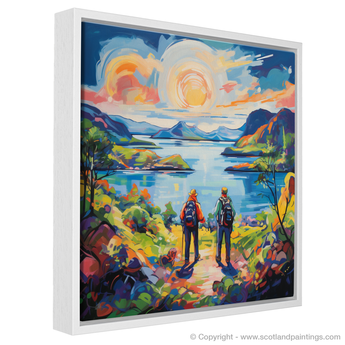 Painting and Art Print of Two hikers looking out on Loch Lomond entitled "Fauvist Hikers at Loch Lomond".