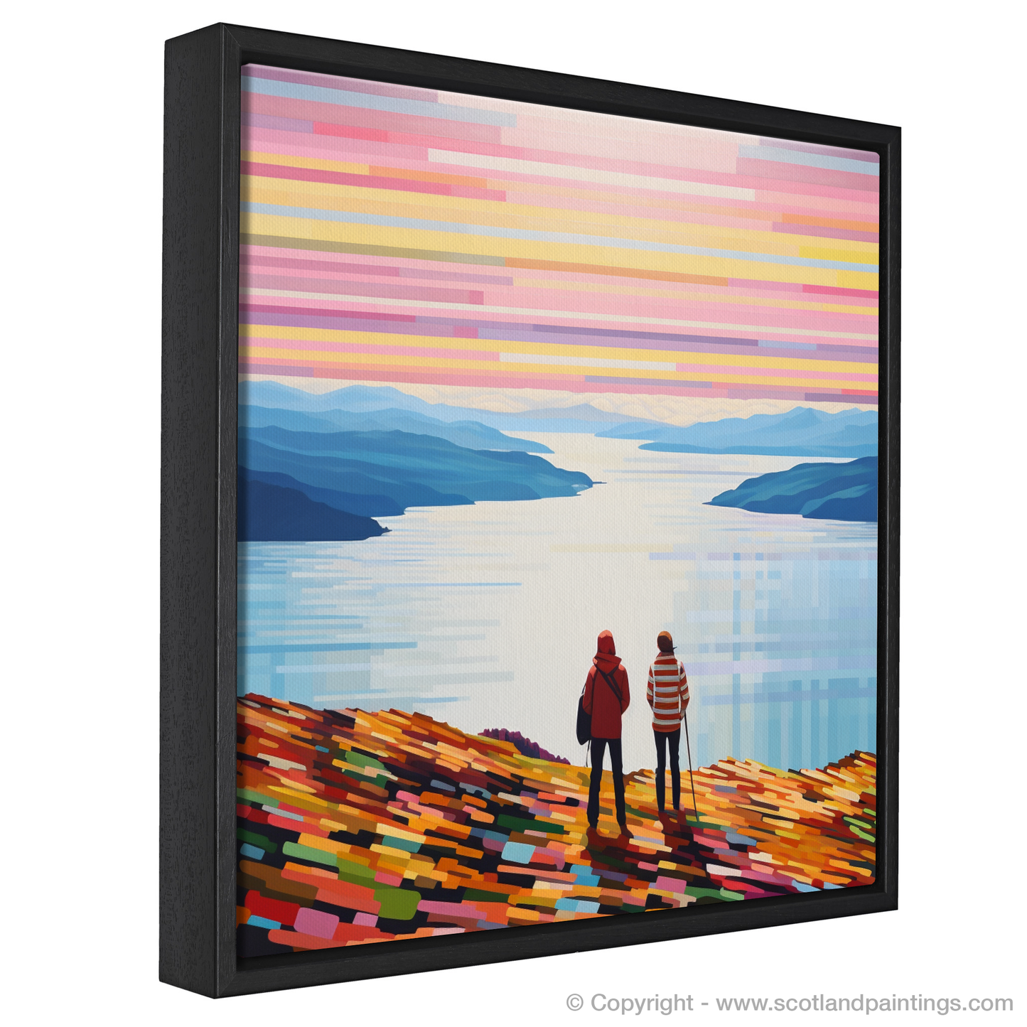 Painting and Art Print of Two hikers looking out on Loch Lomond entitled "Hikers' Gaze on Abstract Loch Lomond".