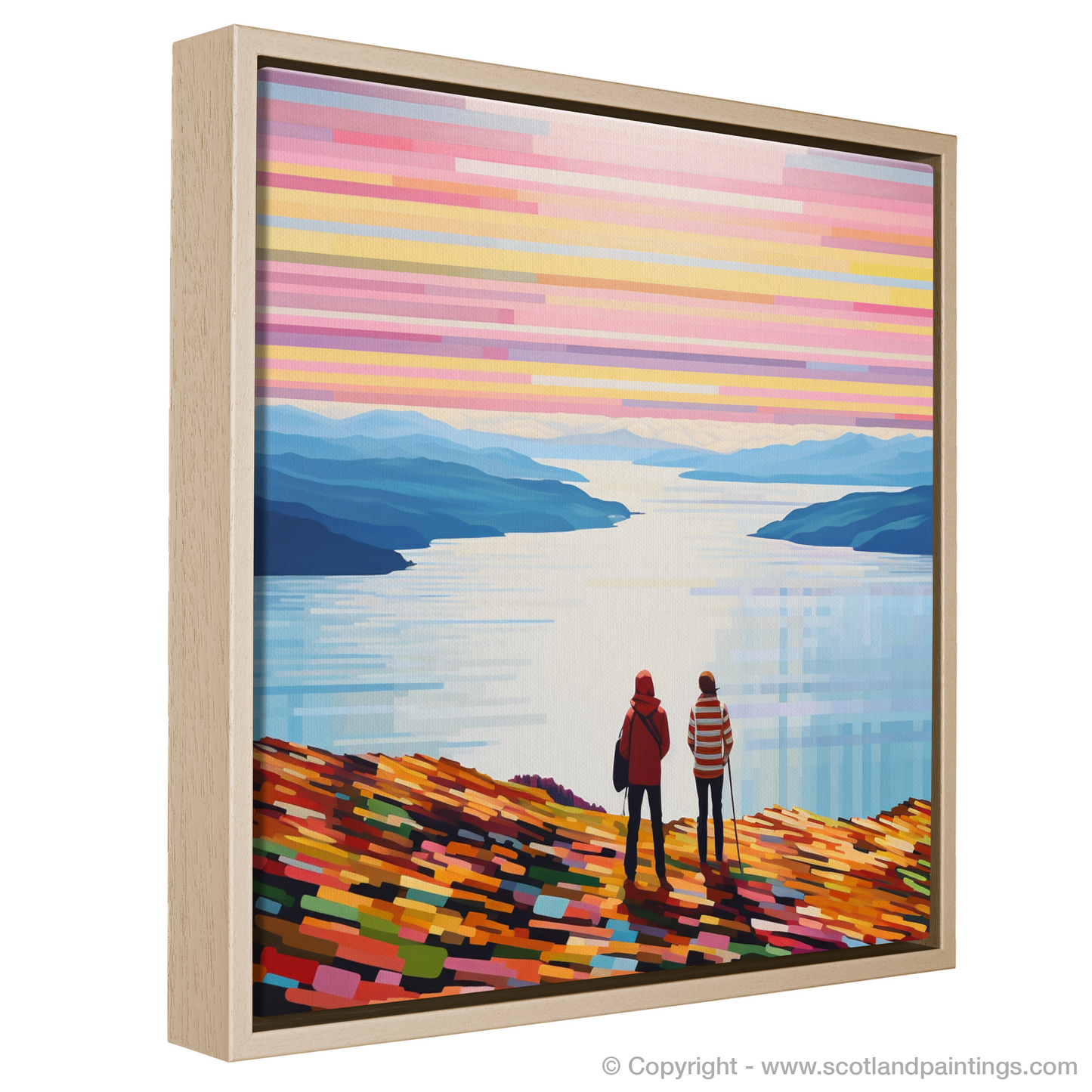 Painting and Art Print of Two hikers looking out on Loch Lomond entitled "Hikers' Gaze on Abstract Loch Lomond".