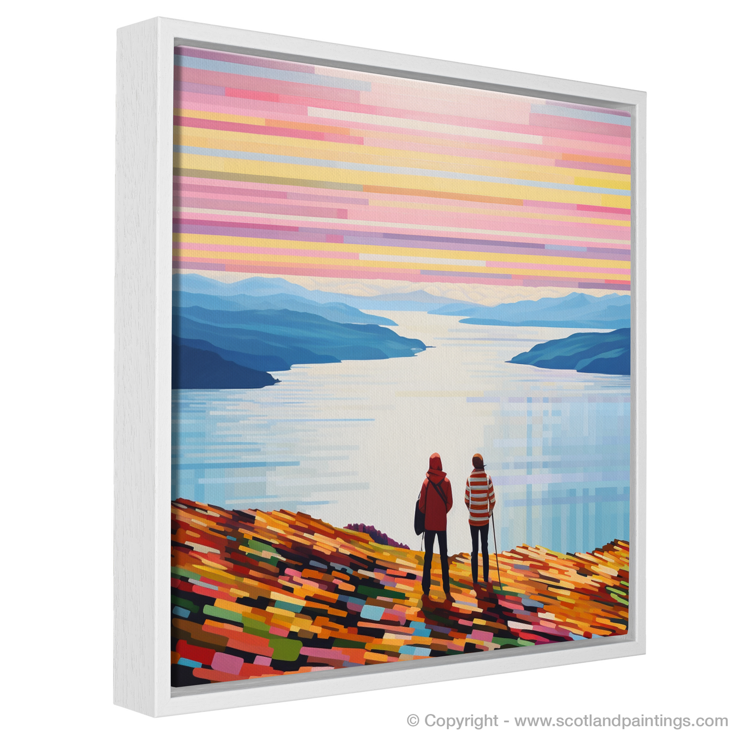 Painting and Art Print of Two hikers looking out on Loch Lomond entitled "Hikers' Gaze on Abstract Loch Lomond".