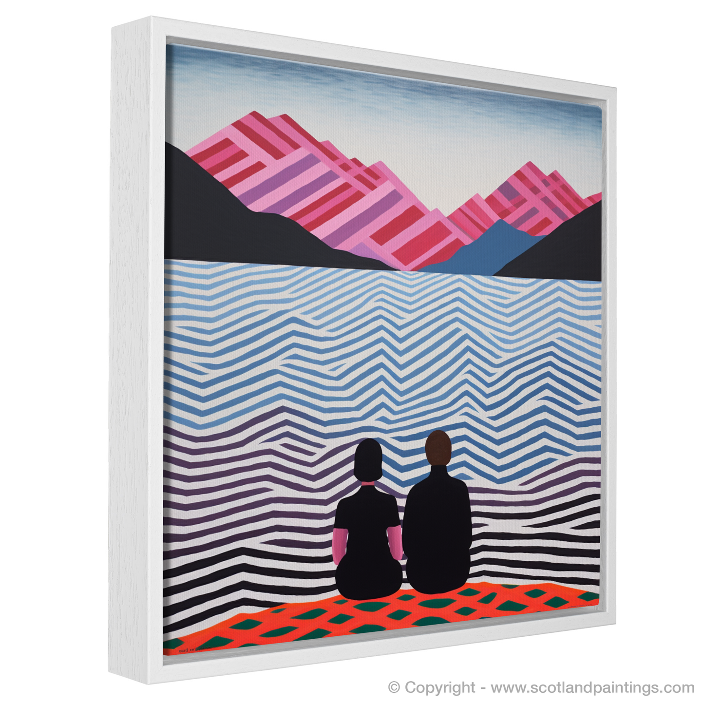 Painting and Art Print of Two hikers looking out on Loch Lomond entitled "Abstract Reverie: Two Figures at Loch Lomond".